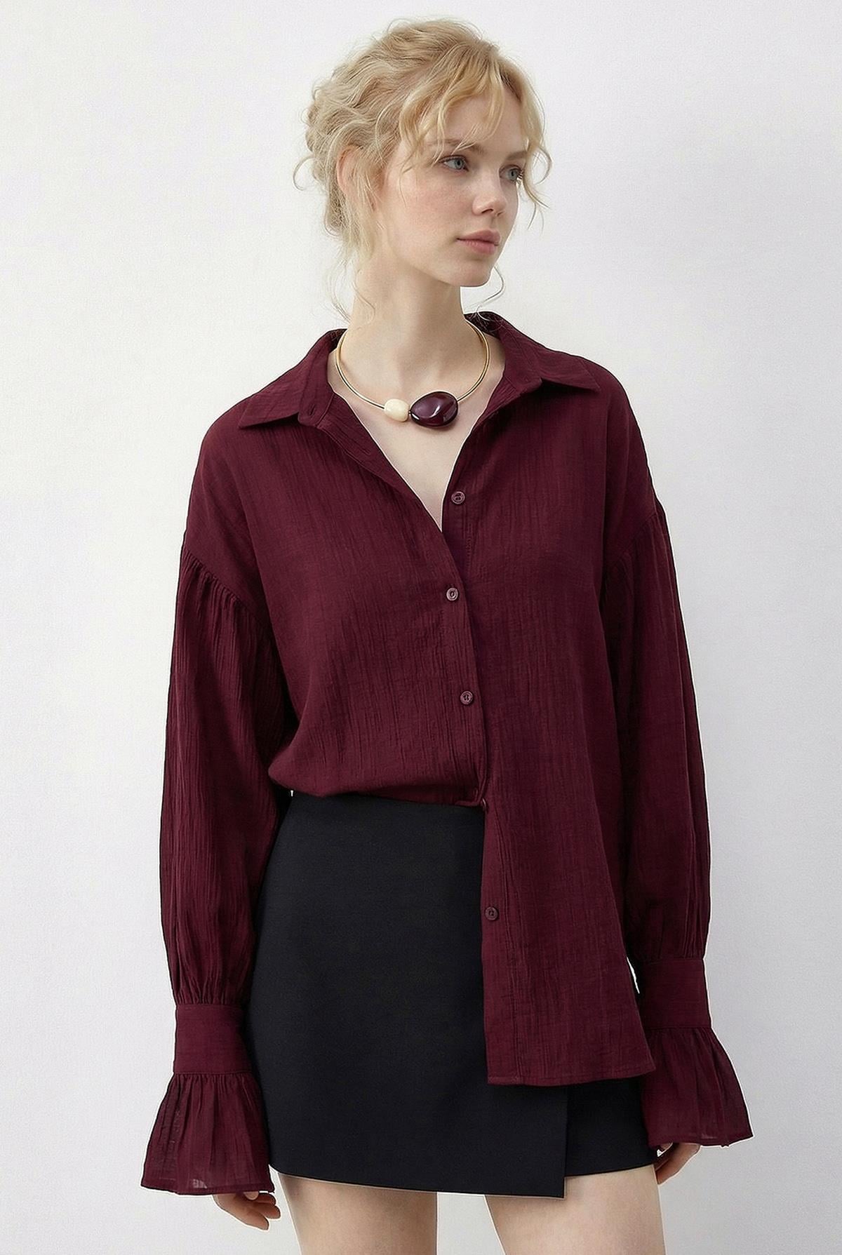 Women's Oversize Shirt with Ruffle Cuff Detail 533 60286029 - Burgundy