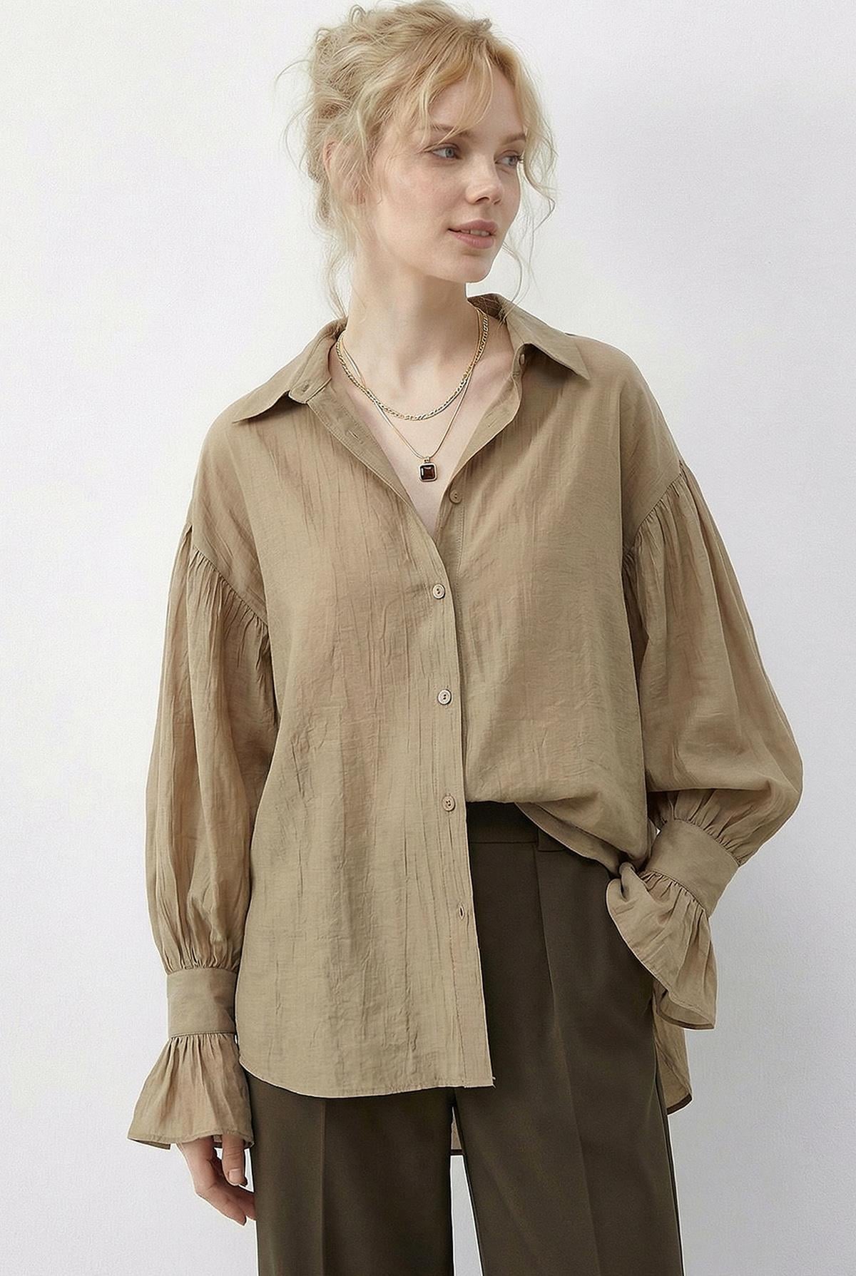 Women's Oversize Shirt with Ruffle Cuff Detail 533 60286029 - Latte