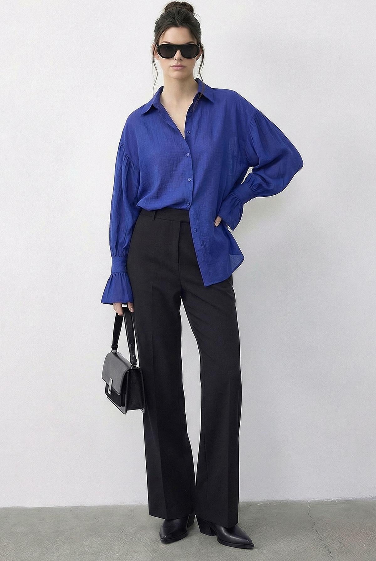 Women's Oversize Shirt with Ruffle Cuff Detail 533 60286029 - Indigo Blue