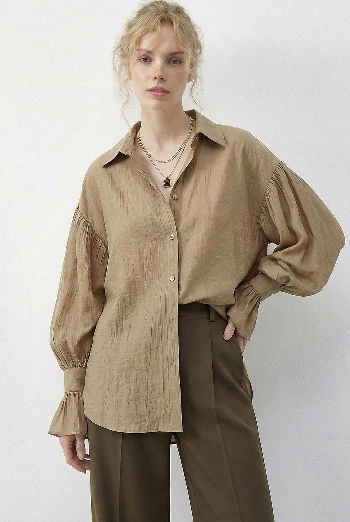 Women's Oversize Shirt with Ruffle Cuff Detail 533 60286029 - Latte