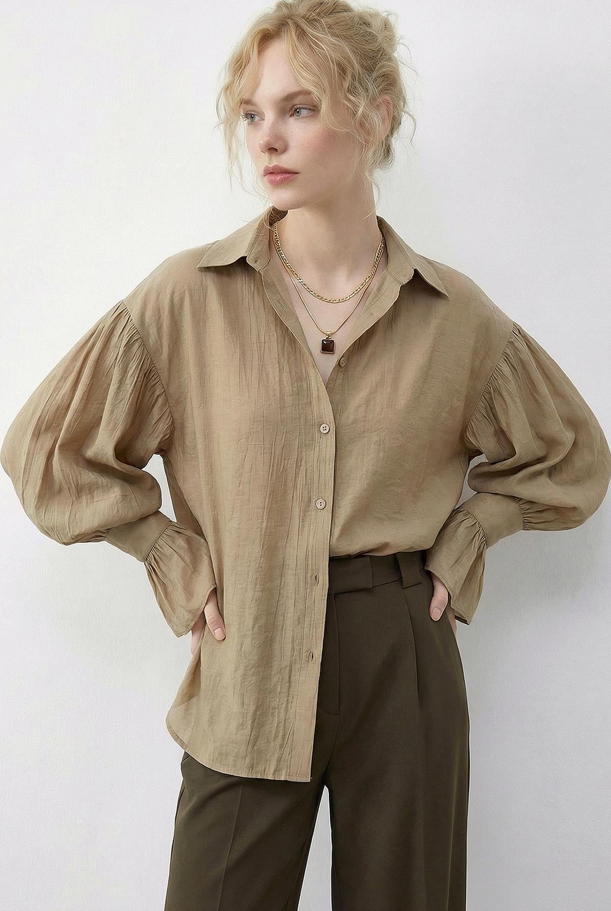 Women's Oversize Shirt with Ruffle Cuff Detail 533 60286029 - Latte
