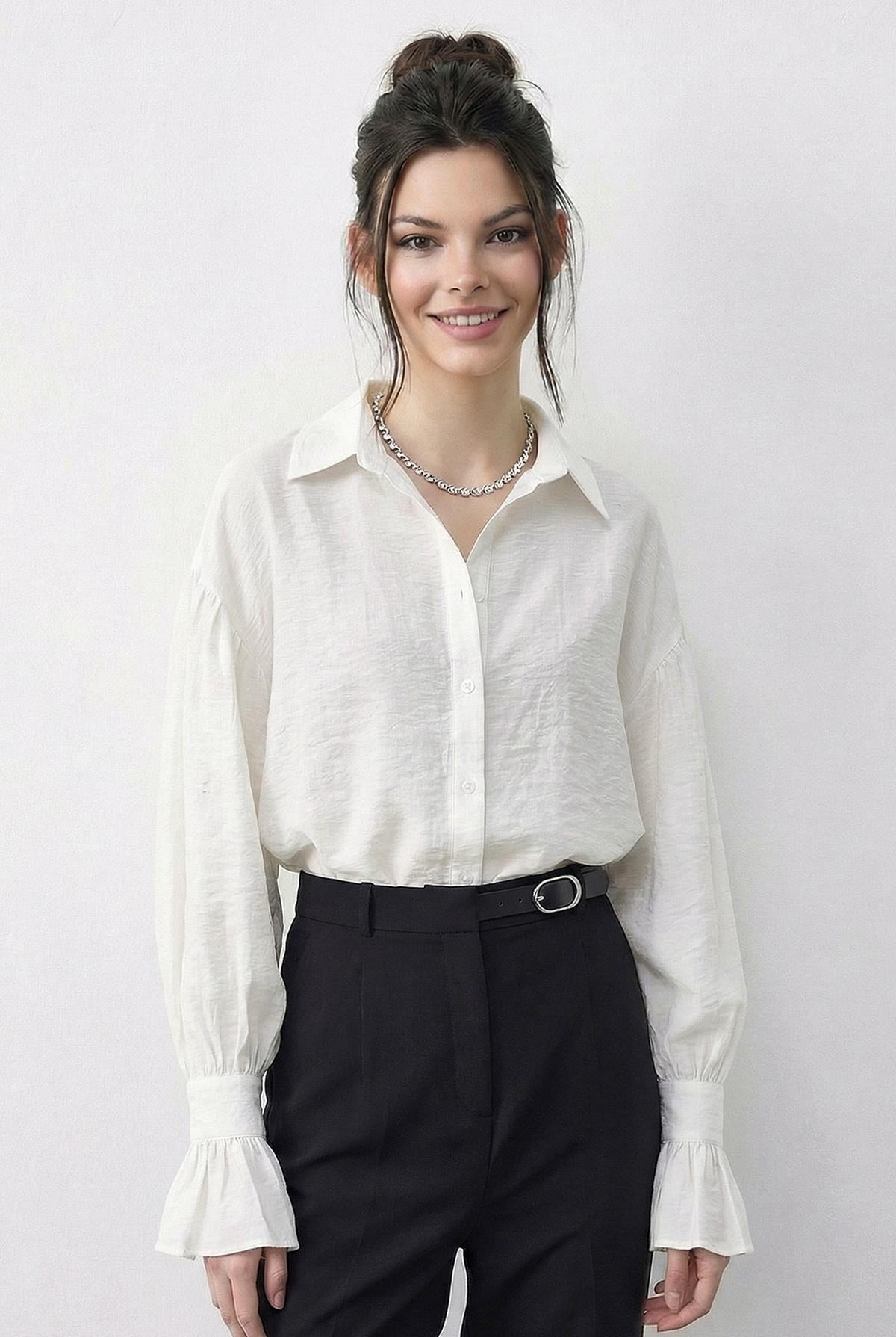 Women's Oversize Shirt with Ruffle Cuff Detail 533 60286029 - White
