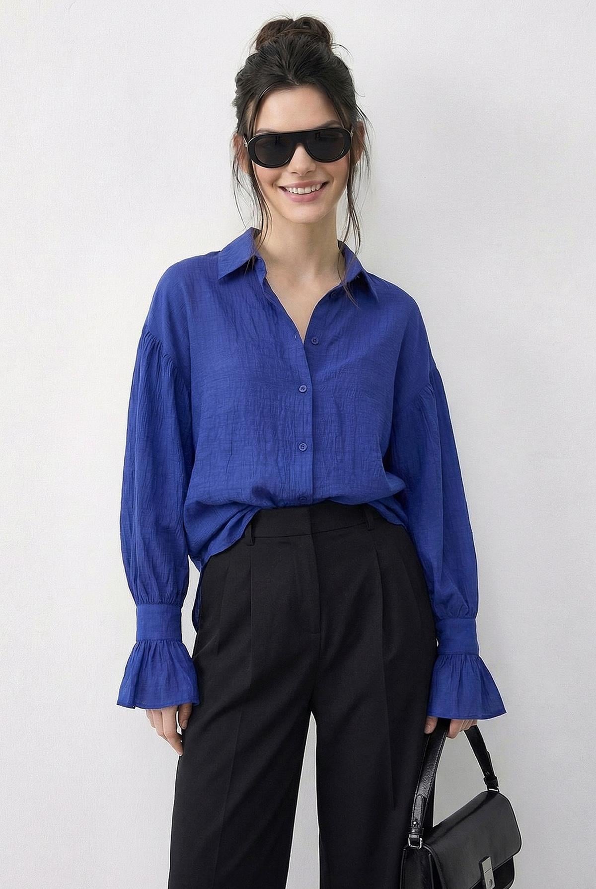 Women's Oversize Shirt with Ruffle Cuff Detail 533 60286029 - Indigo Blue