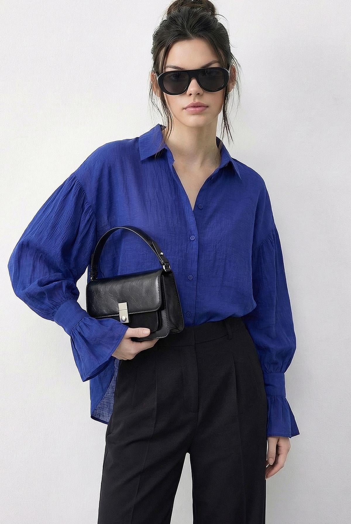 Women's Oversize Shirt with Ruffle Cuff Detail 533 60286029 - Indigo Blue