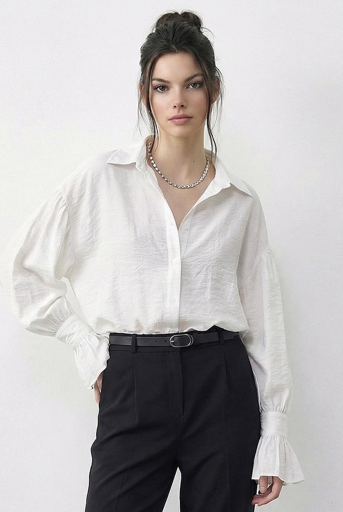 Women's Oversize Shirt with Ruffle Cuff Detail 533 60286029 - White