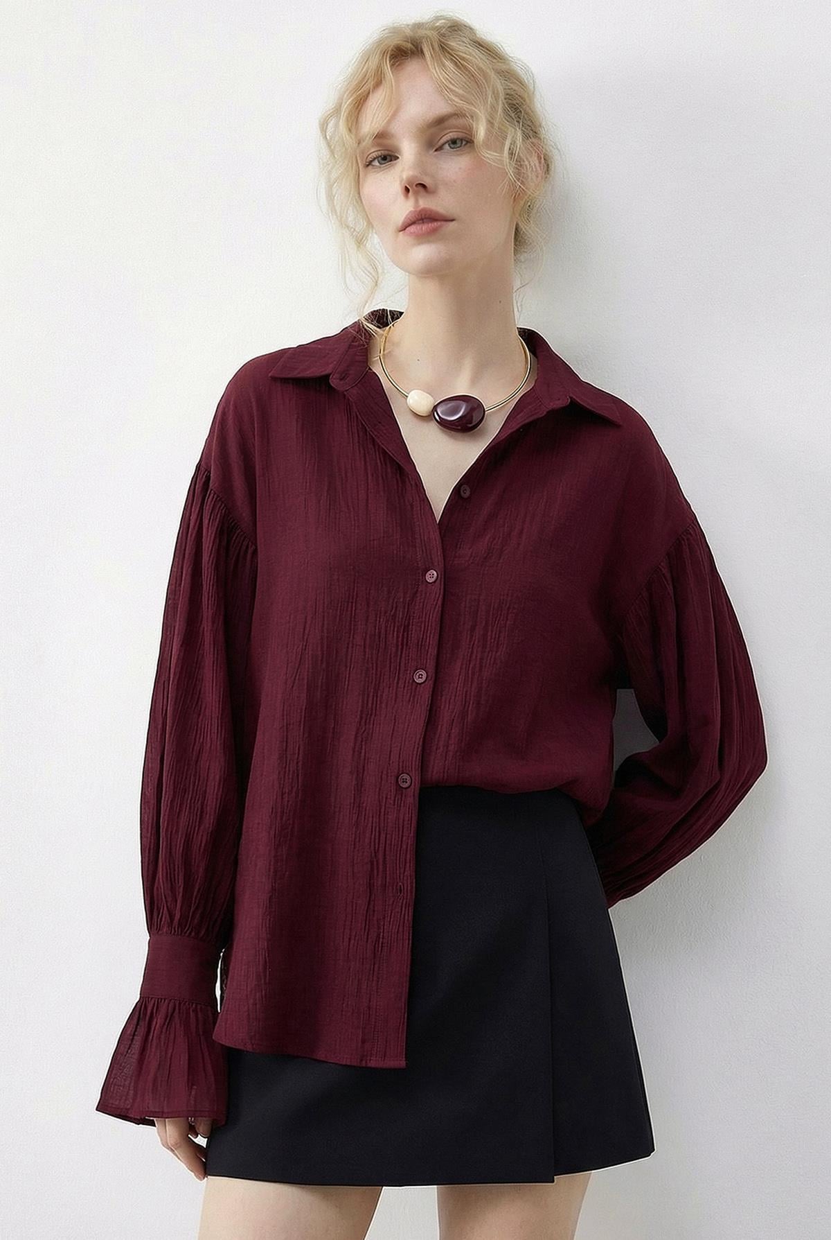 Women's Oversize Shirt with Ruffle Cuff Detail 533 60286029 - Burgundy