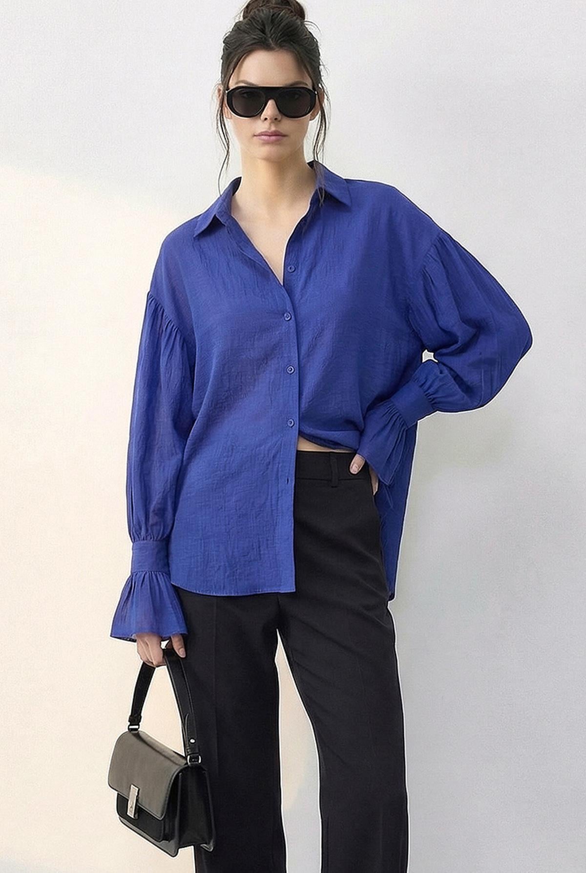 Women's Oversize Shirt with Ruffle Cuff Detail 533 60286029 - Indigo Blue