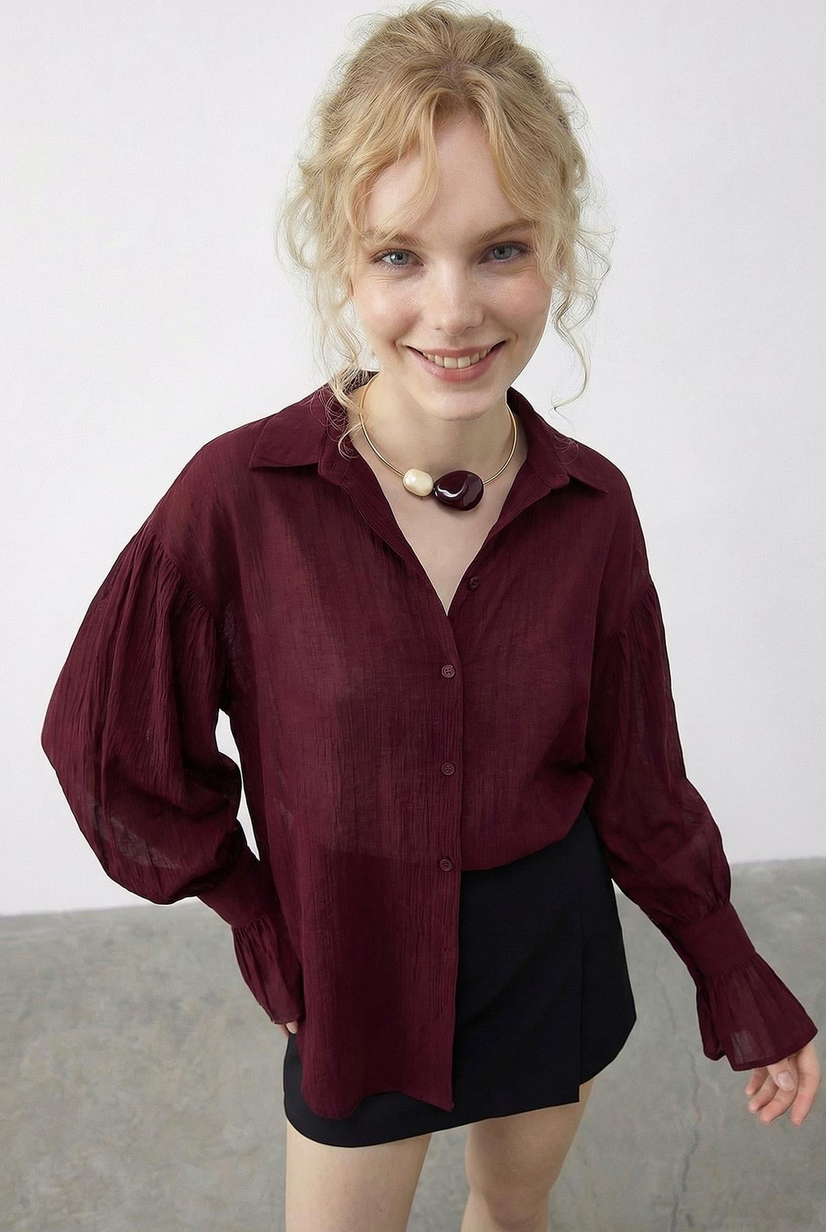 Women's Oversize Shirt with Ruffle Cuff Detail 533 60286029 - Burgundy