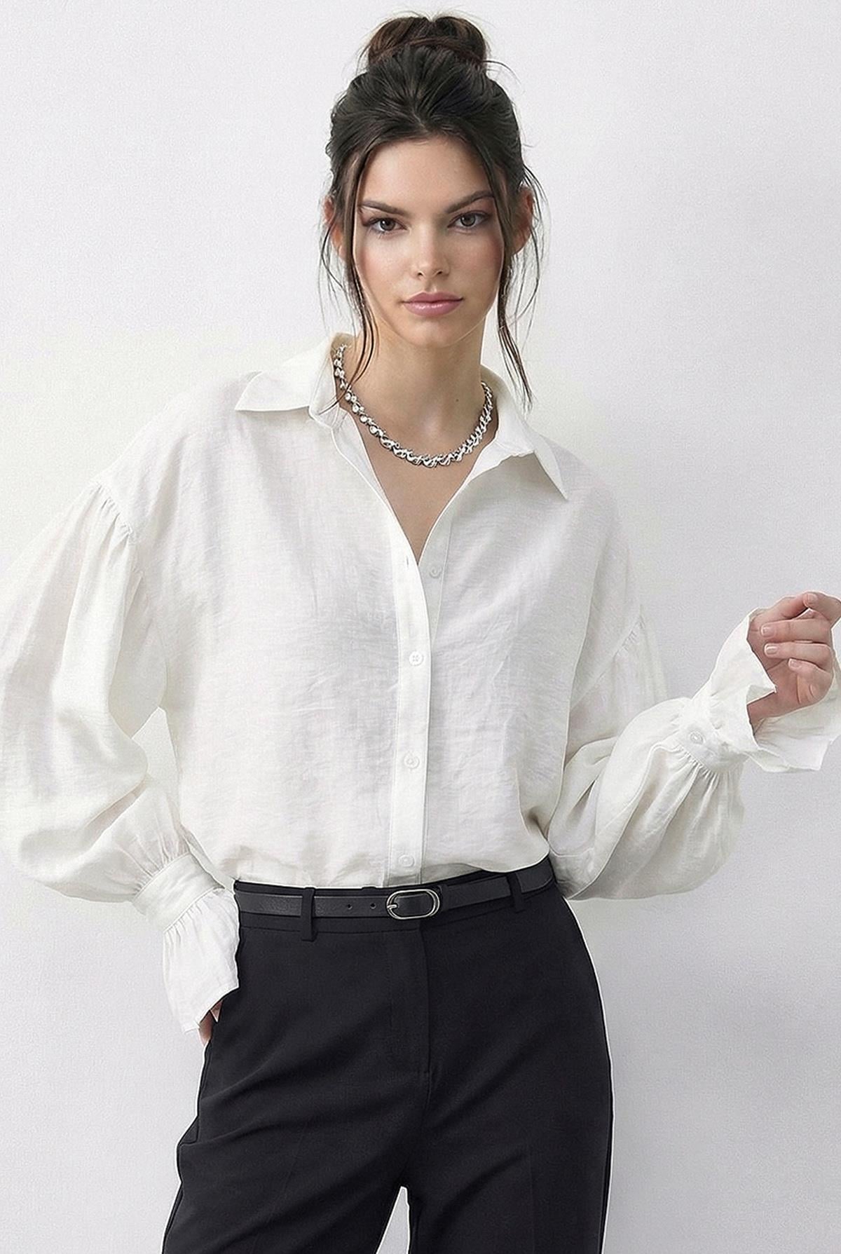 Women's Oversize Shirt with Ruffle Cuff Detail 533 60286029 - White