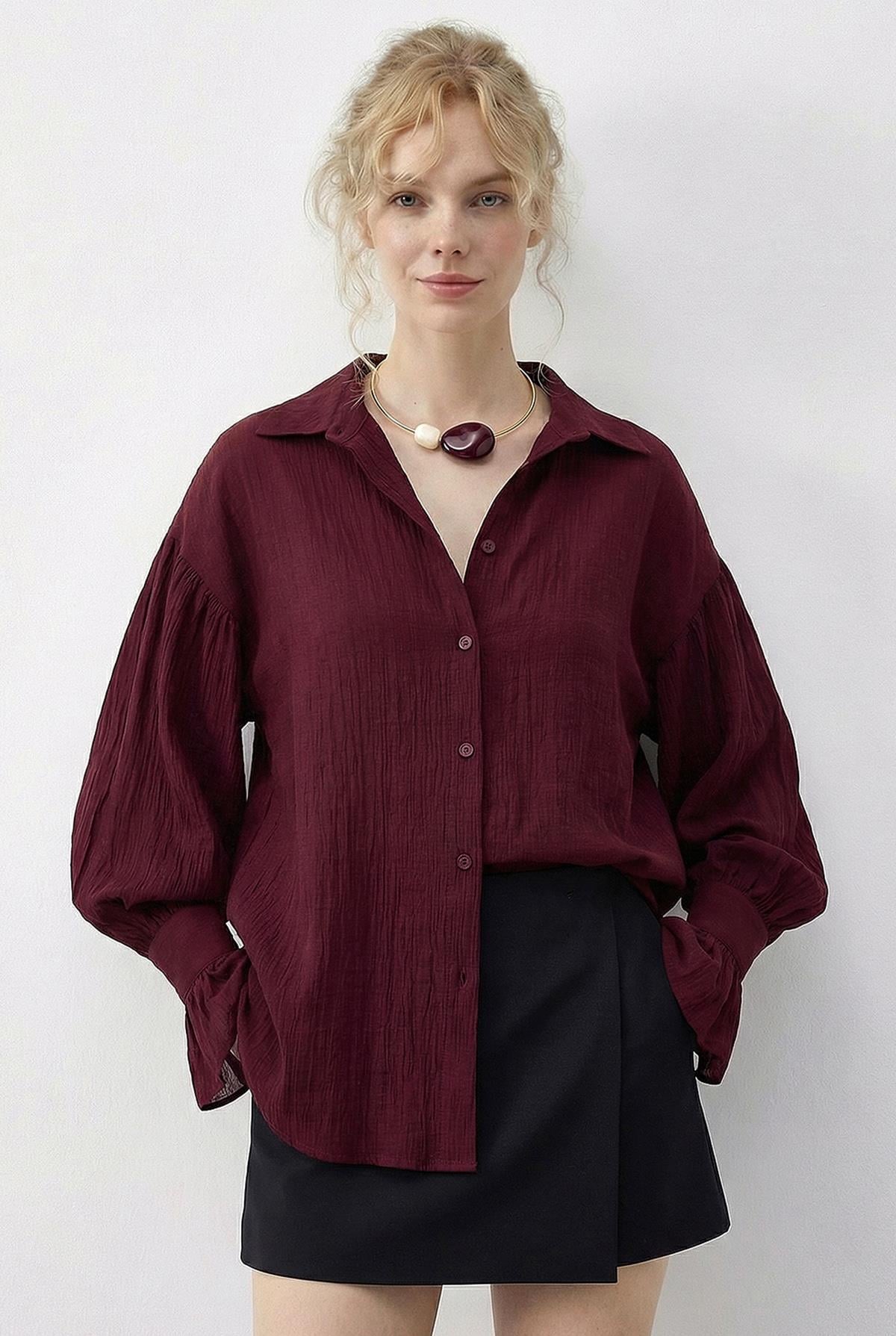 Women's Oversize Shirt with Ruffle Cuff Detail 533 60286029 - Burgundy