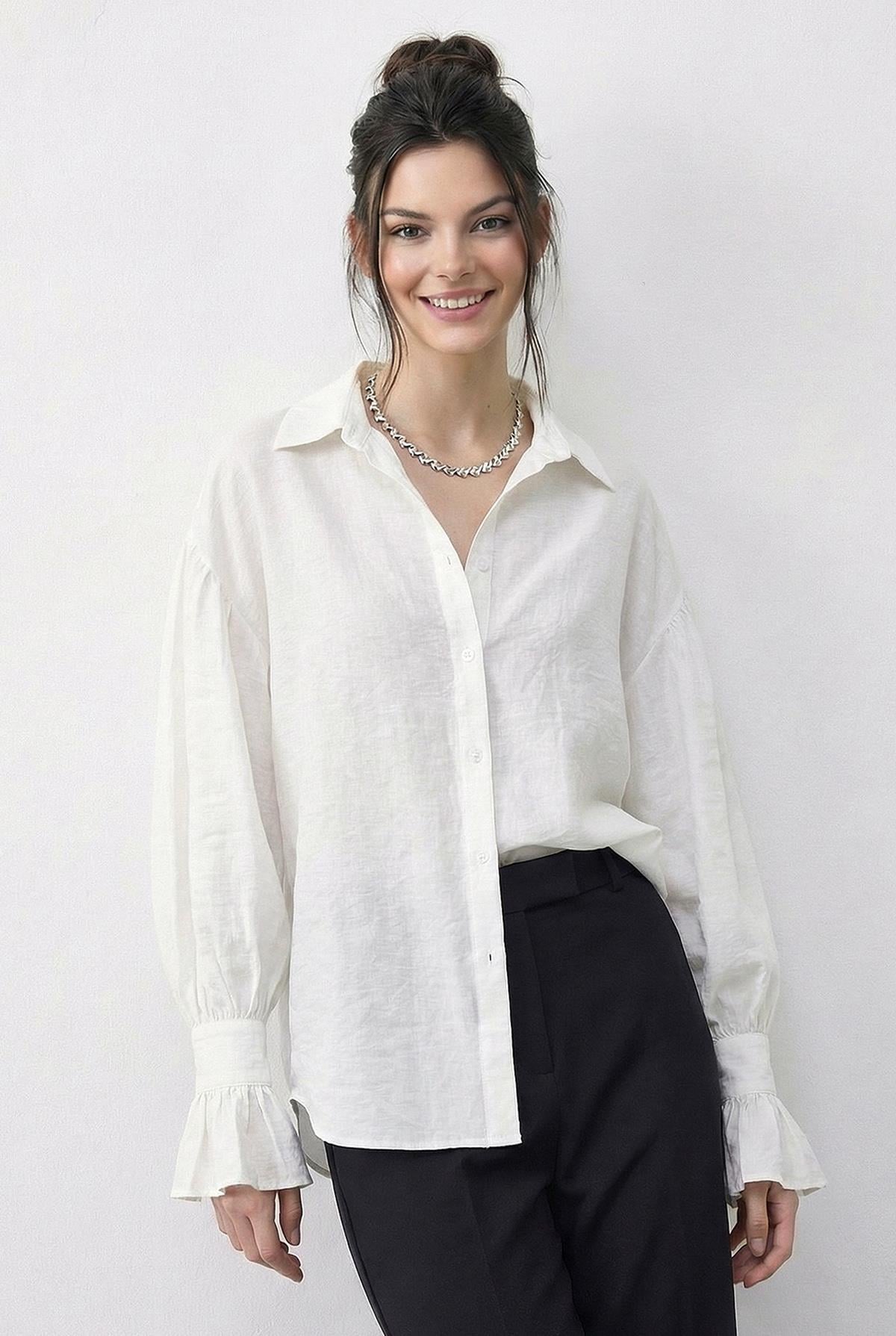 Women's Oversize Shirt with Ruffle Cuff Detail 533 60286029 - White