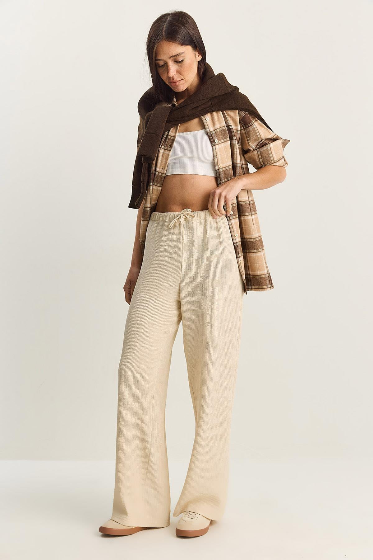 Women's Wide Leg Crinkle Knit Trousers 4108 60283847 - Cream