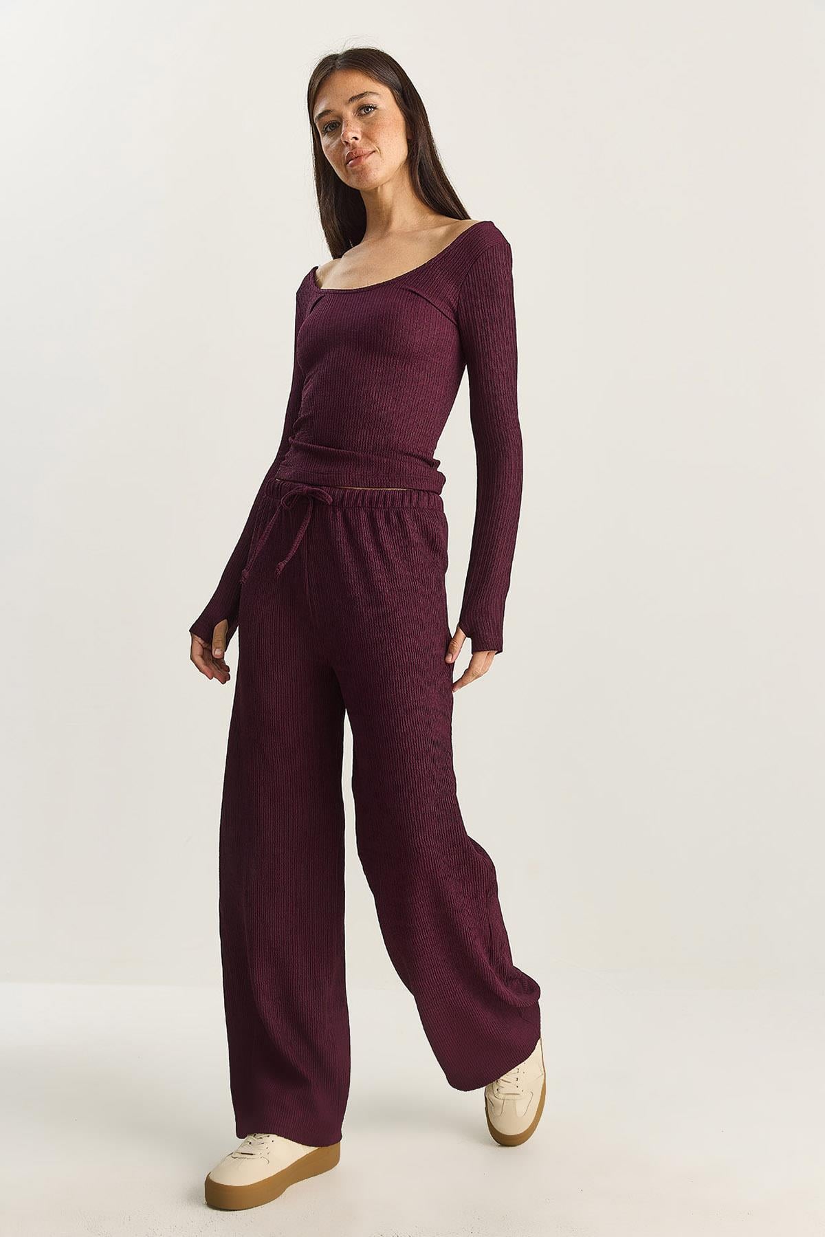 Women's Wide Leg Crinkle Knit Trousers 4108 60283847 - Plum