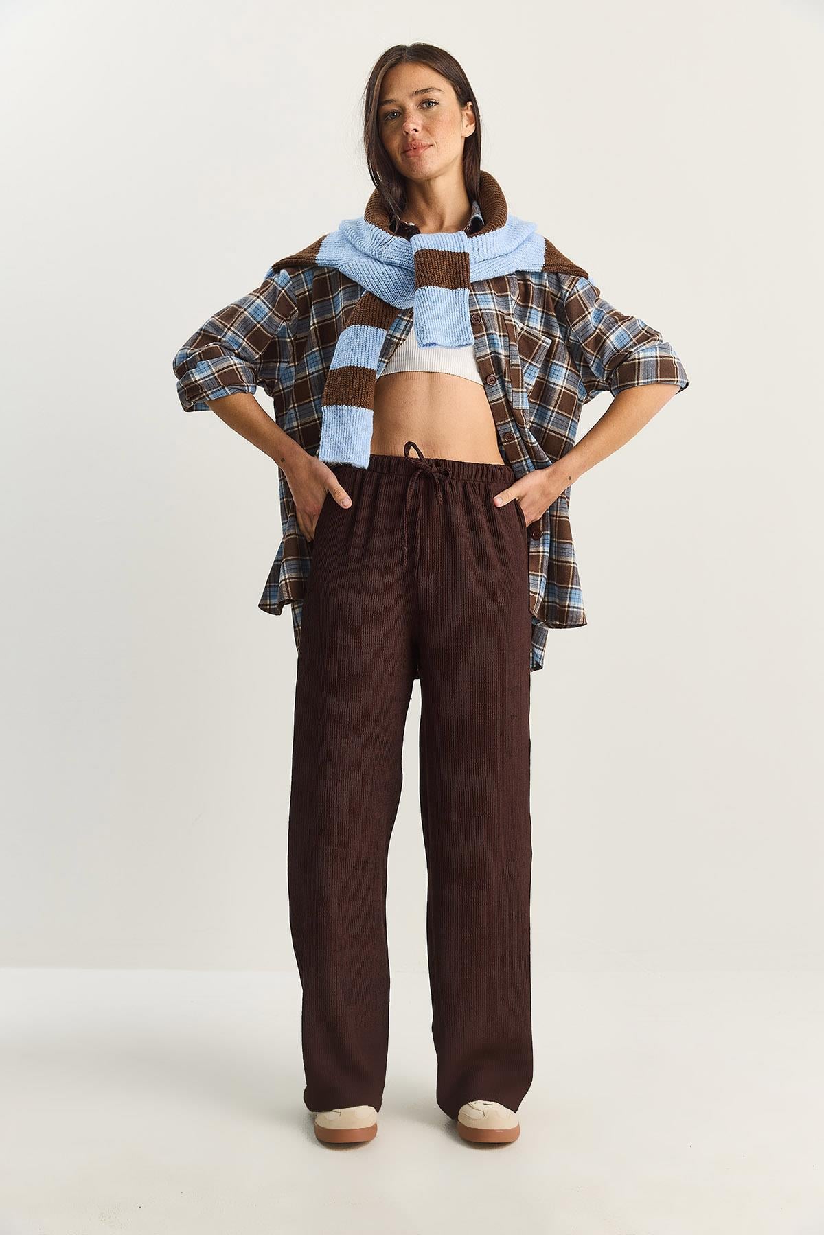 Women's Wide Leg Crinkle Knit Trousers 4108 60283847 - Brown