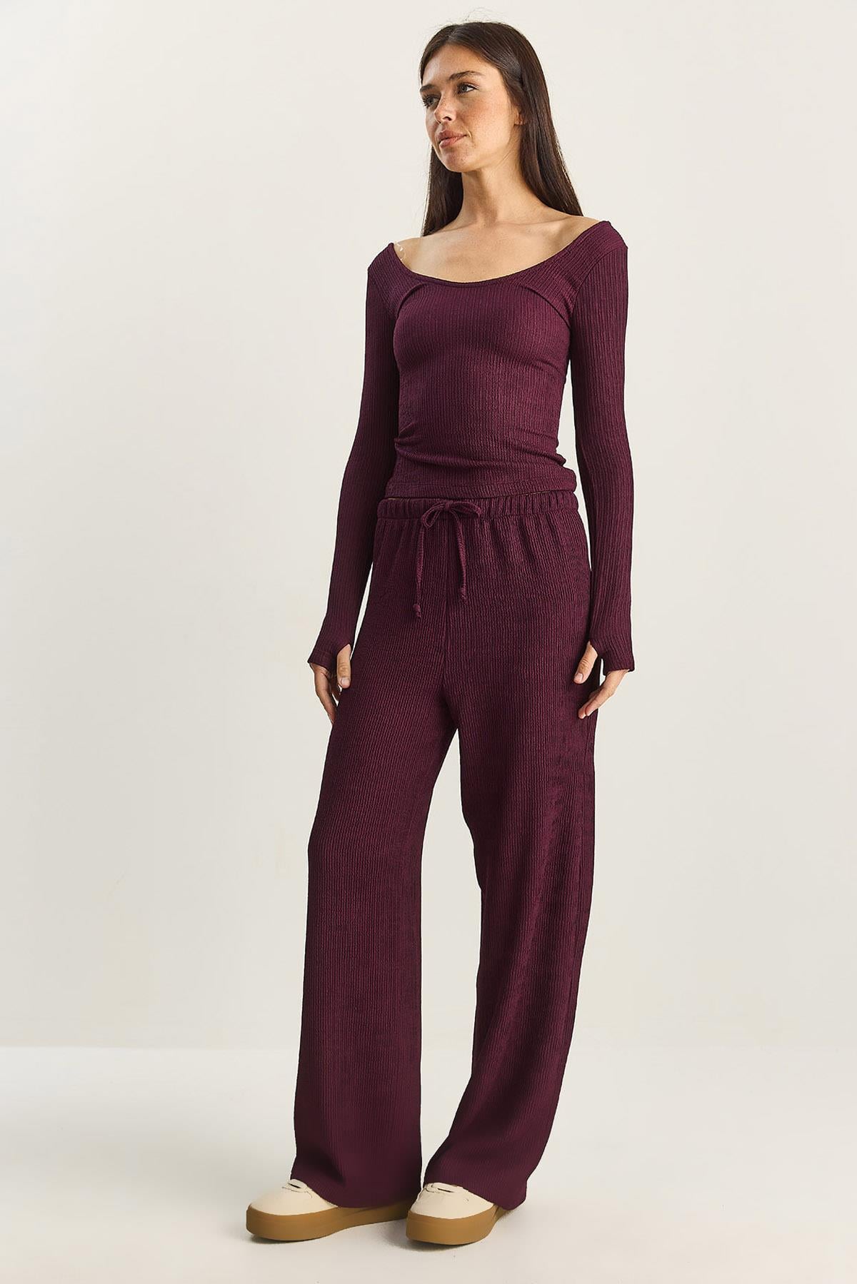 Women's Wide Leg Crinkle Knit Trousers 4108 60283847 - Plum