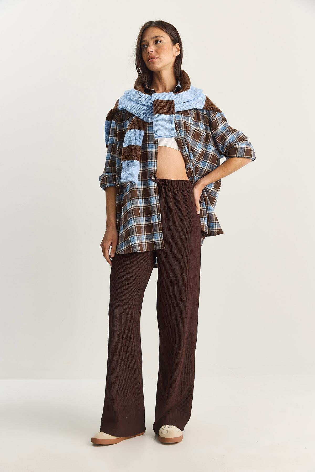 Women's Wide Leg Crinkle Knit Trousers 4108 60283847 - Brown