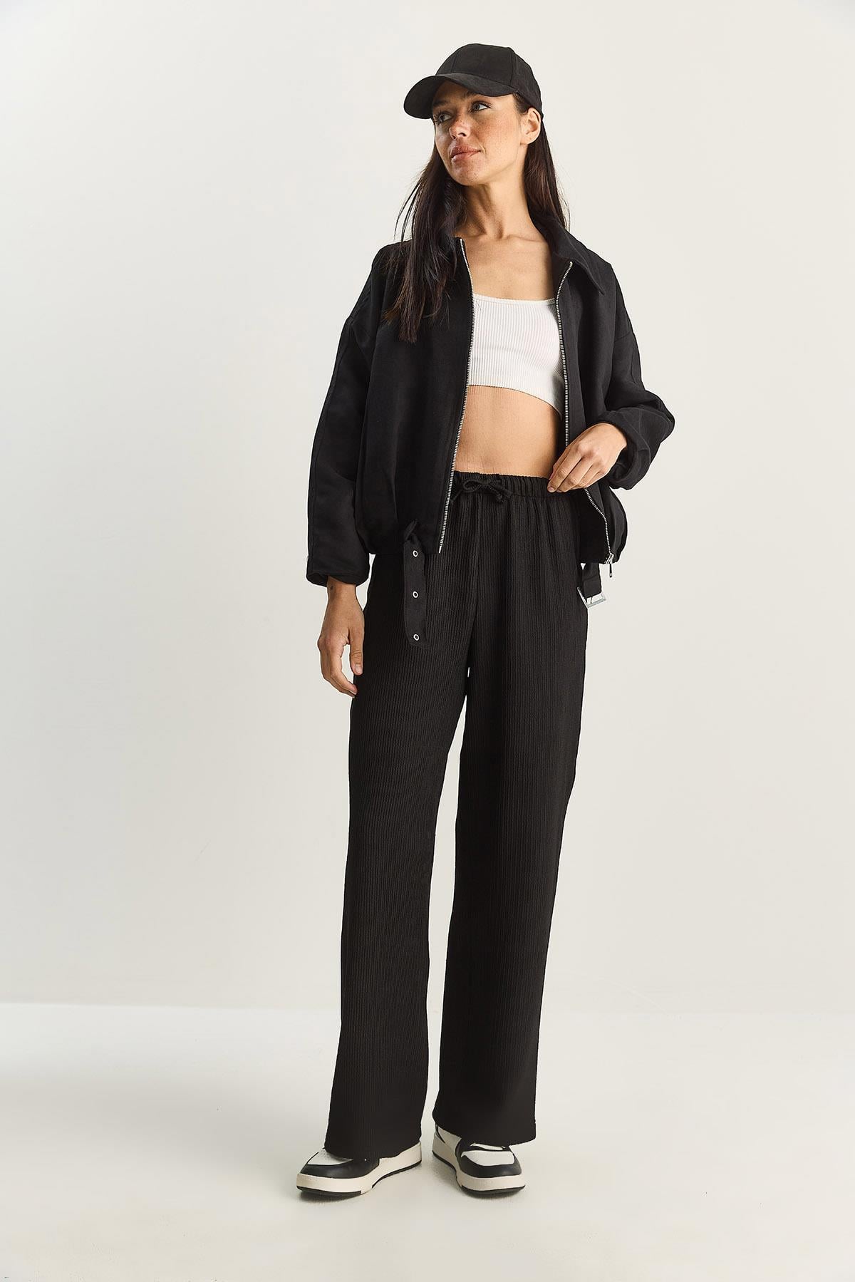 Women's Wide Leg Crinkle Knit Trousers 4108 60283847 - Black