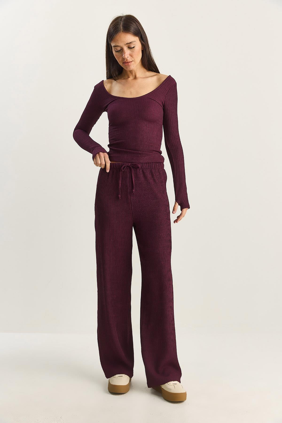 Women's Wide Leg Crinkle Knit Trousers 4108 60283847 - Plum