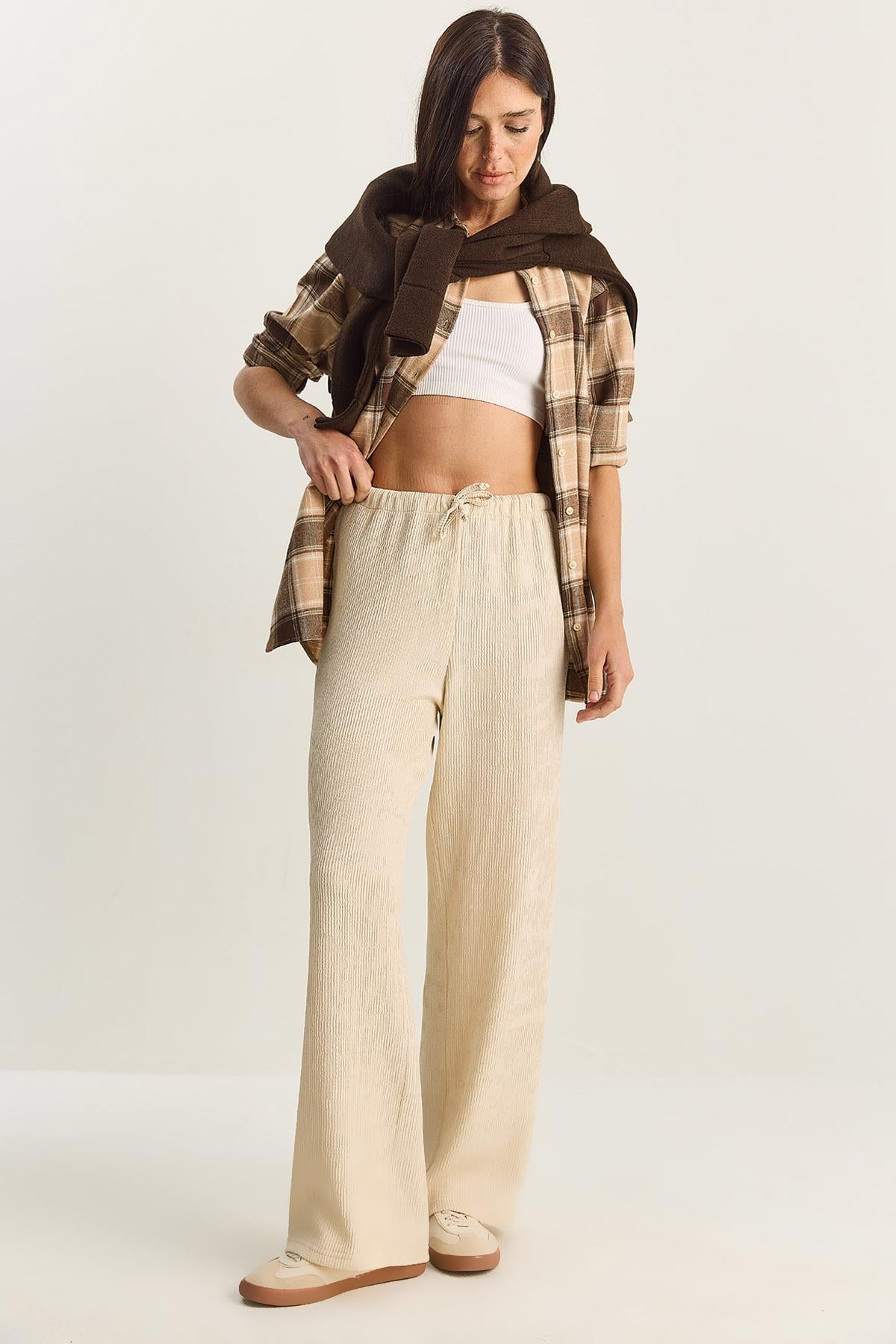 Women's Wide Leg Crinkle Knit Trousers 4108 60283847 - Cream