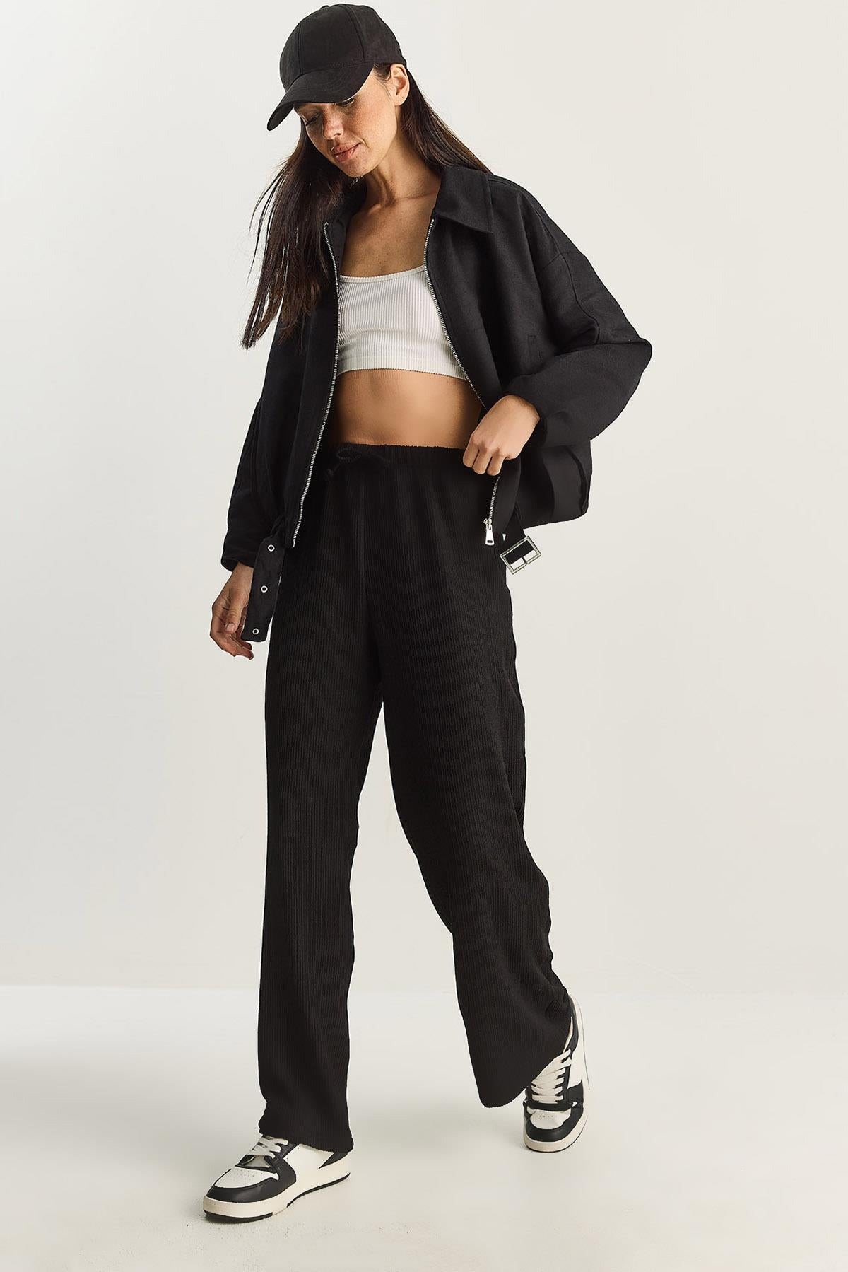 Women's Wide Leg Crinkle Knit Trousers 4108 60283847 - Black