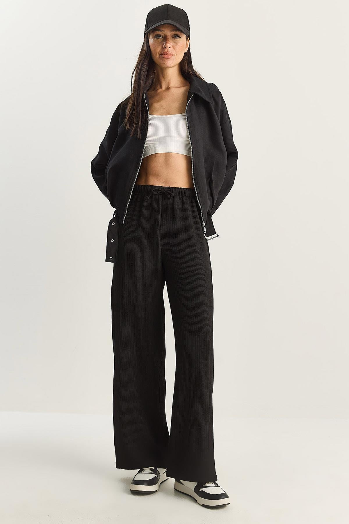 Women's Wide Leg Crinkle Knit Trousers 4108 60283847 - Black