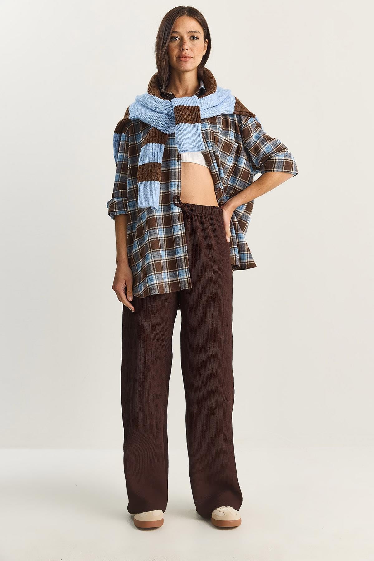 Women's Wide Leg Crinkle Knit Trousers 4108 60283847 - Brown