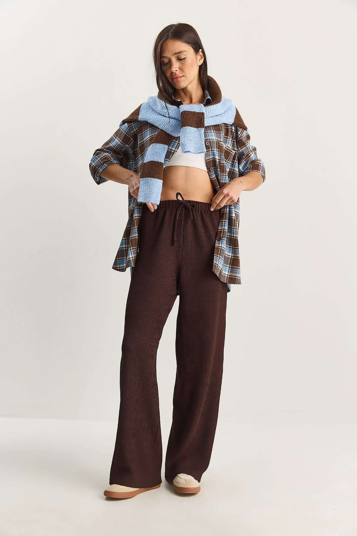 Women's Wide Leg Crinkle Knit Trousers 4108 60283847 - Brown