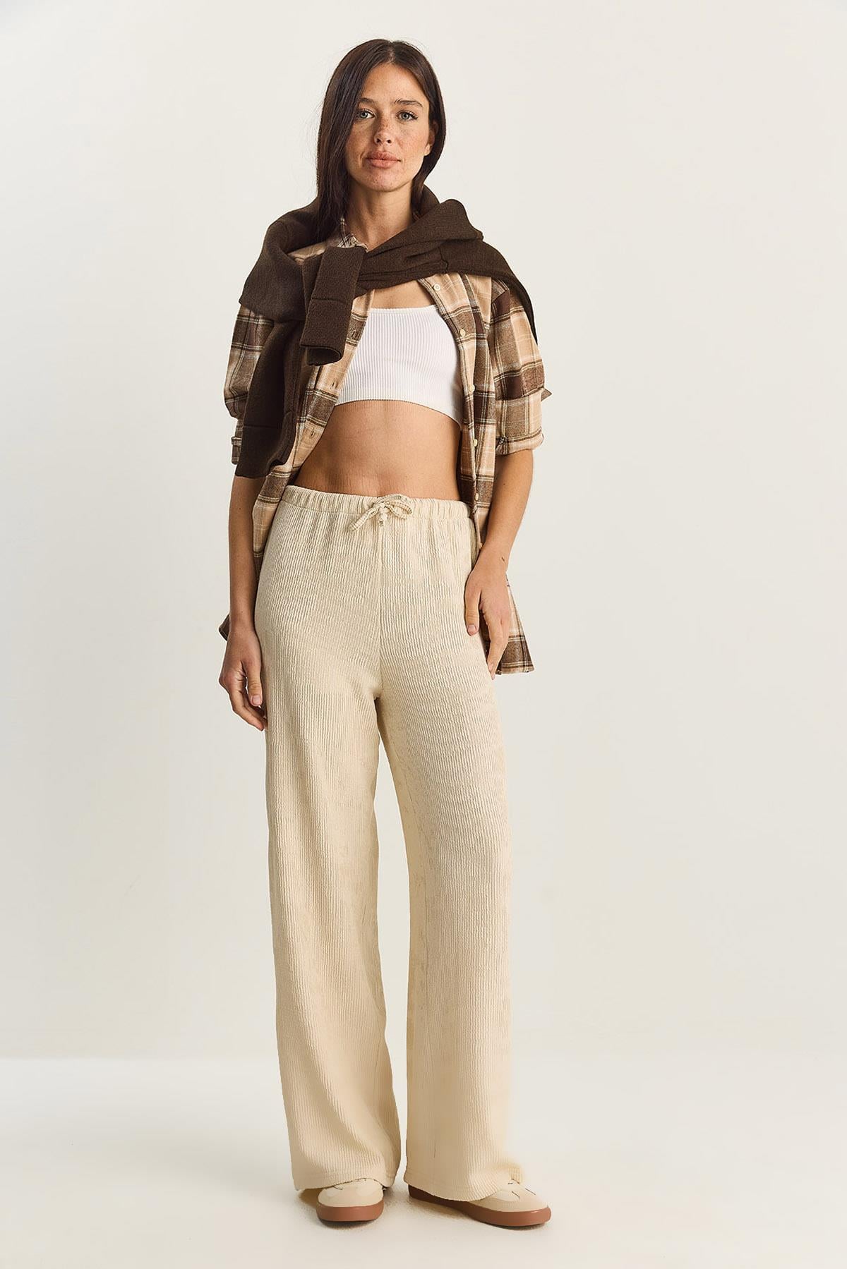 Women's Wide Leg Crinkle Knit Trousers 4108 60283847 - Cream