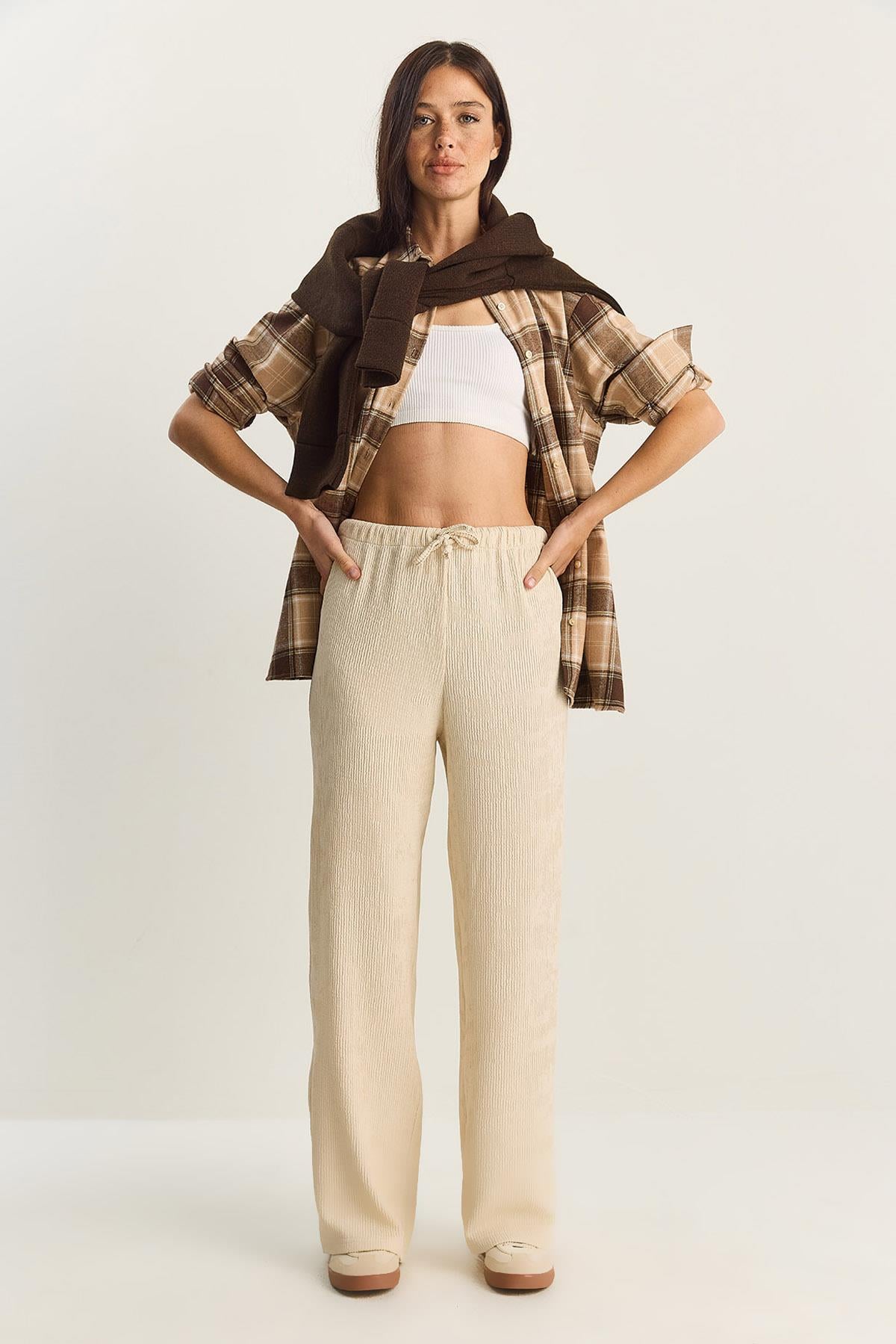 Women's Wide Leg Crinkle Knit Trousers 4108 60283847 - Cream