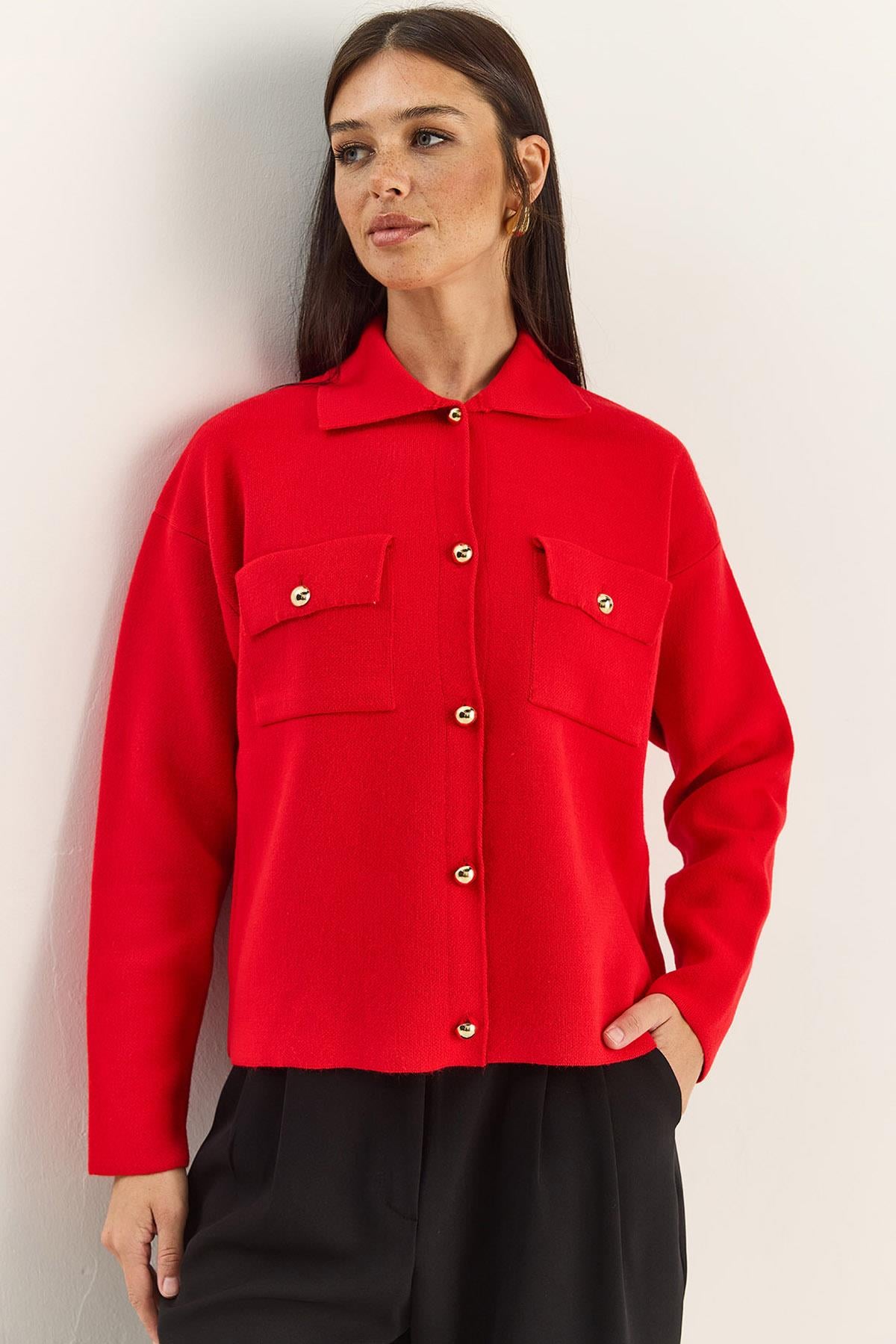 Women's Gold Button Detail Pocketed Knit Cardigan TH251074 60283884 - Red