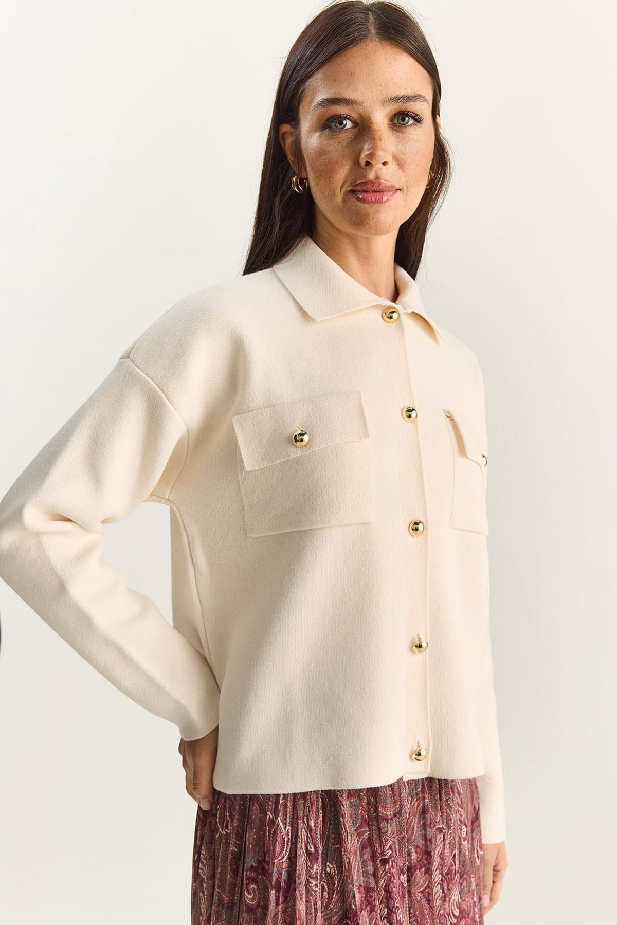 Women's Gold Button Detail Pocketed Knit Cardigan TH251074 60283884 - Cream