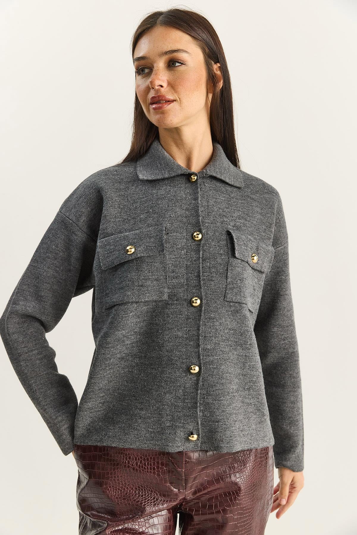 Women's Gold Button Detail Pocketed Knit Cardigan TH251074 60283884 - Anthracite