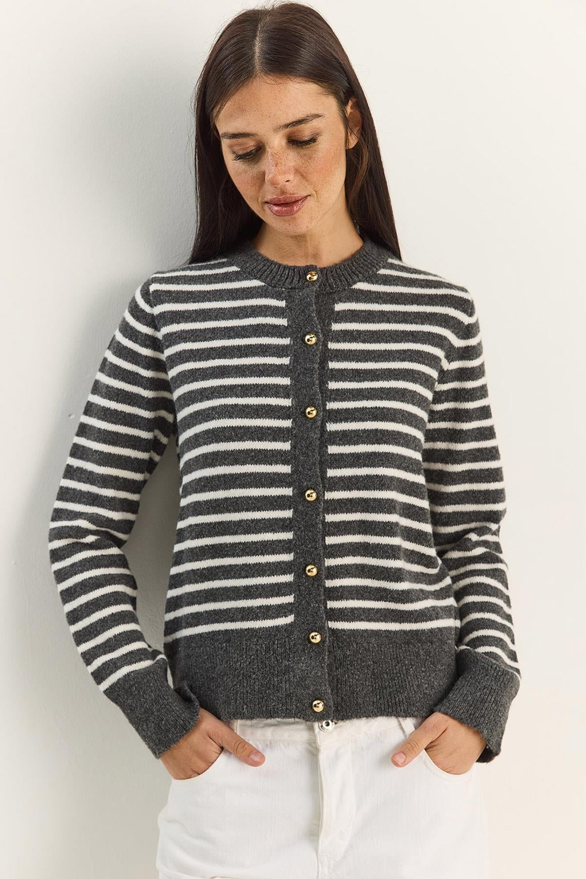 Women's Gold Button Detail Thin Striped Crew Neck Knit Cardigan TH251095 60283883 - Anthracite