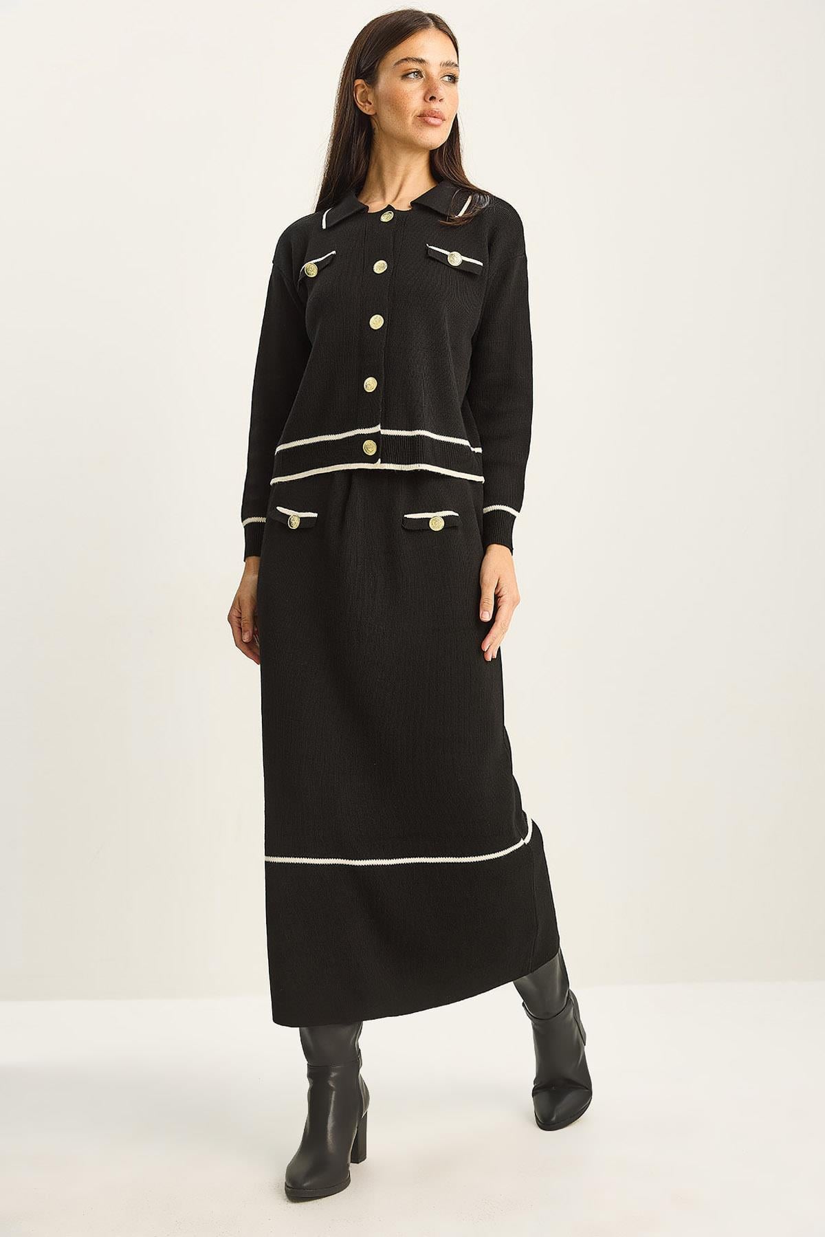 Women's Gold Button Detail Long Skirt and Knitted Top and Bottom Set 60285002 - Black