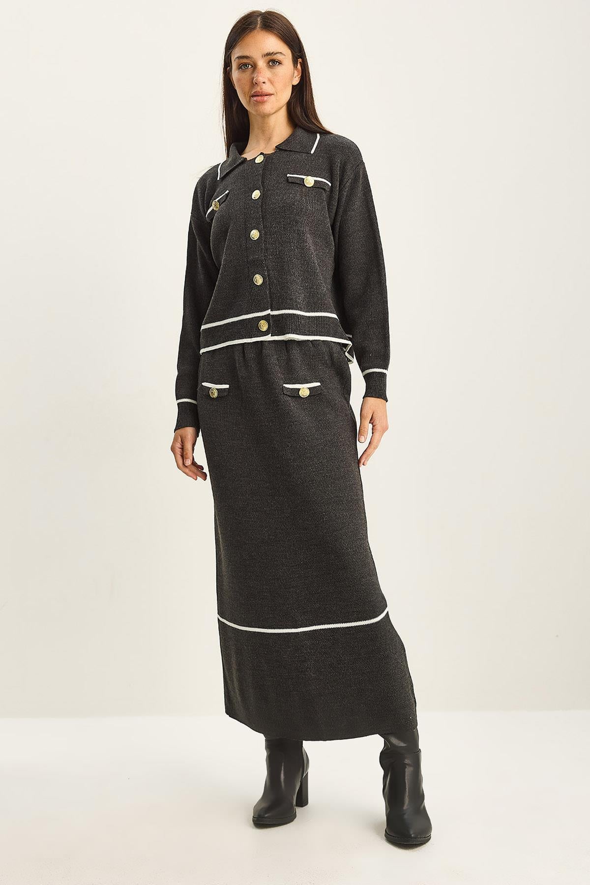 Women's Gold Button Detail Long Skirt and Knitted Top and Bottom Set 60285002 - Anthracite
