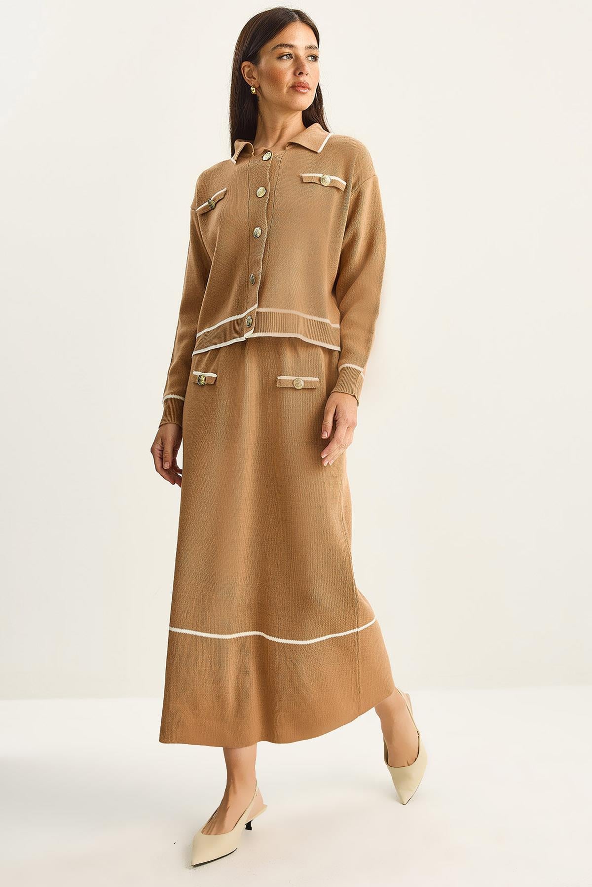 Women's Gold Button Detail Long Skirt and Knitted Top and Bottom Set 60285002 - Camel