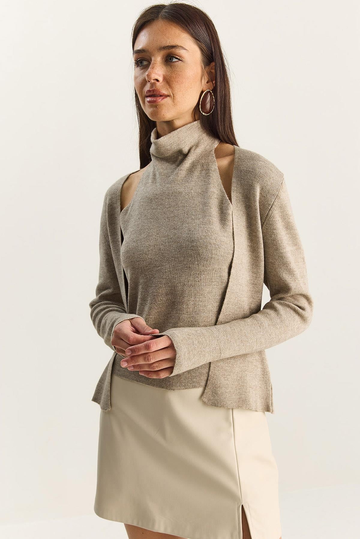 Women's Halter Neck Cardigan with Inner Blouse Detail TH251006 60283834 - Mink