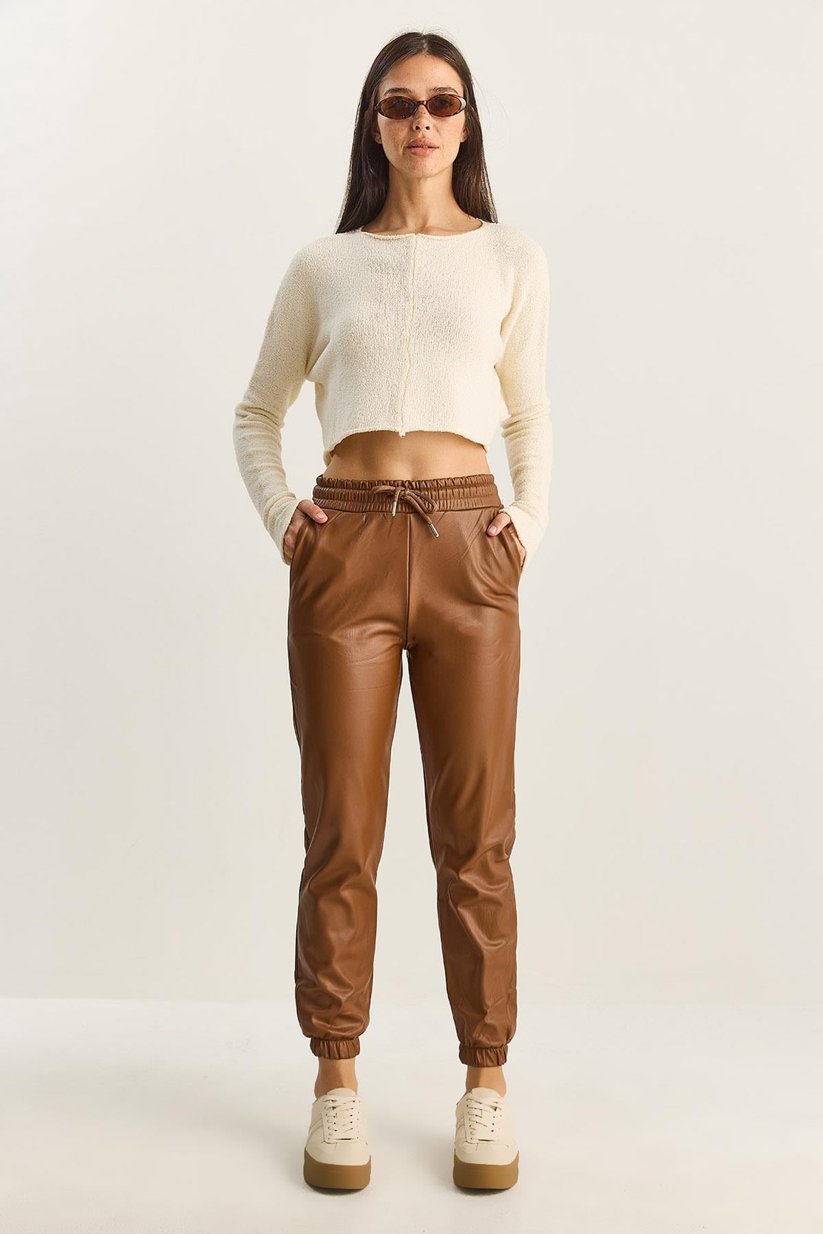 Women's Faux Leather Trousers with Fur Lining, Elastic Waistband and Pocket Details 1548 60282042 - Camel