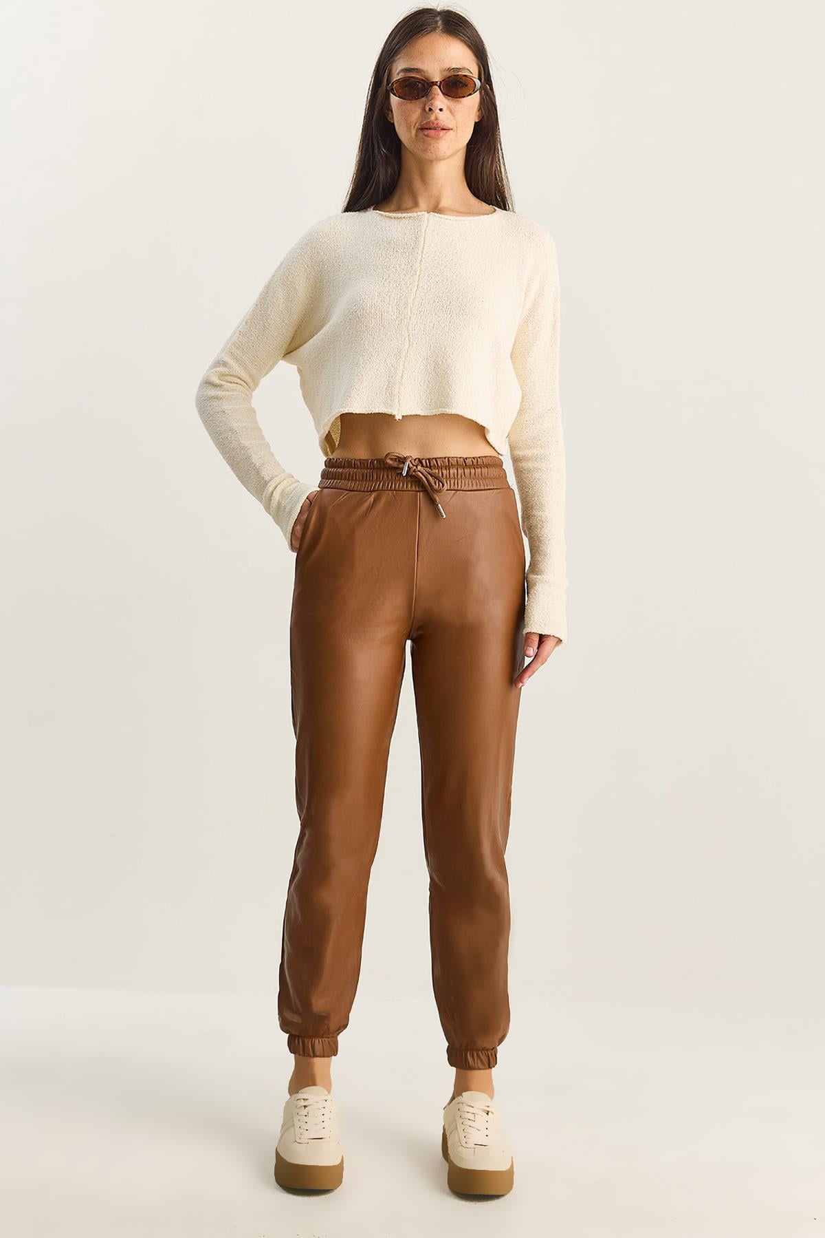 Women's Faux Leather Trousers with Fur Lining, Elastic Waistband and Pocket Details 1548 60282042 - Camel