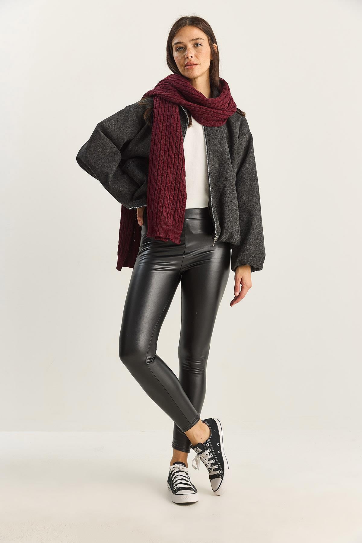 Women's High-Waisted, Faux Leather Leggings with Fur Lining 1487 60282040 - Black