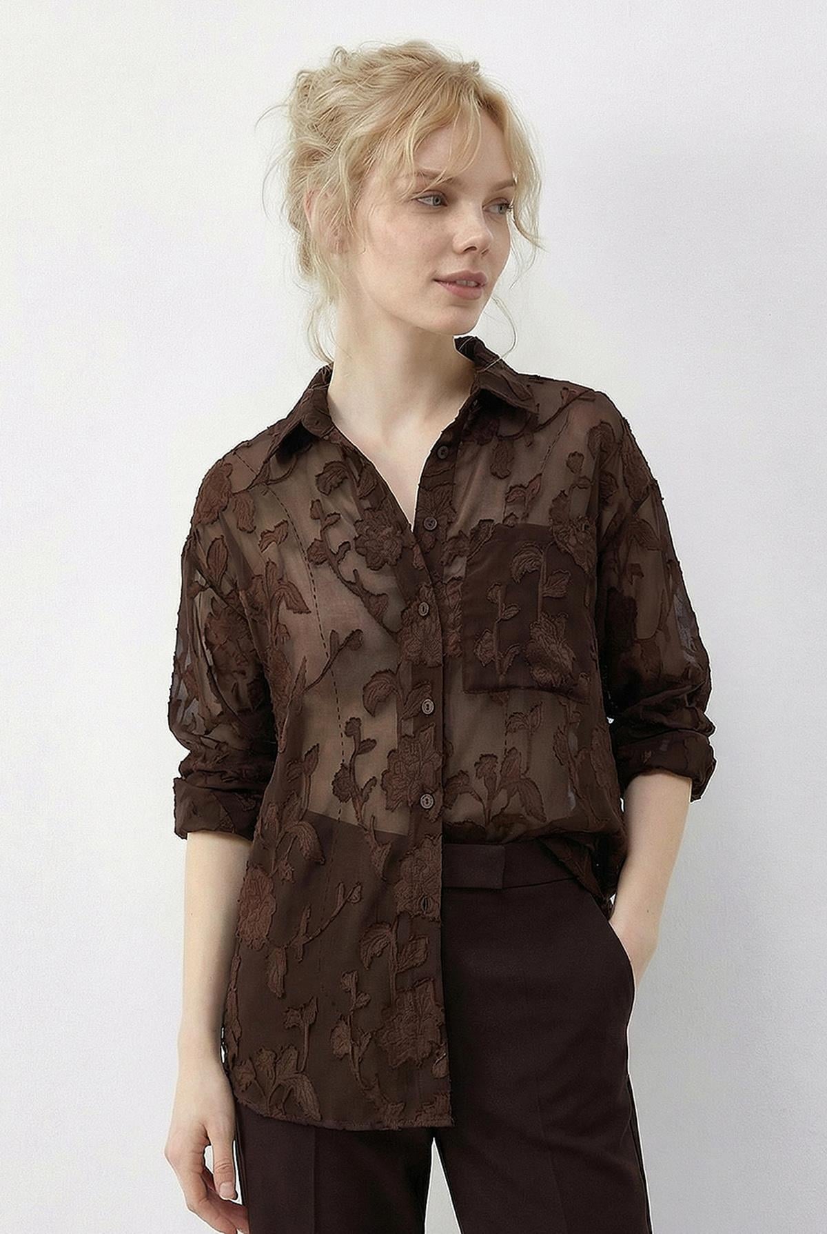 Women's Embossed Rose Pattern Transparent Chiffon Shirt 354 60286028 - Dark Brown