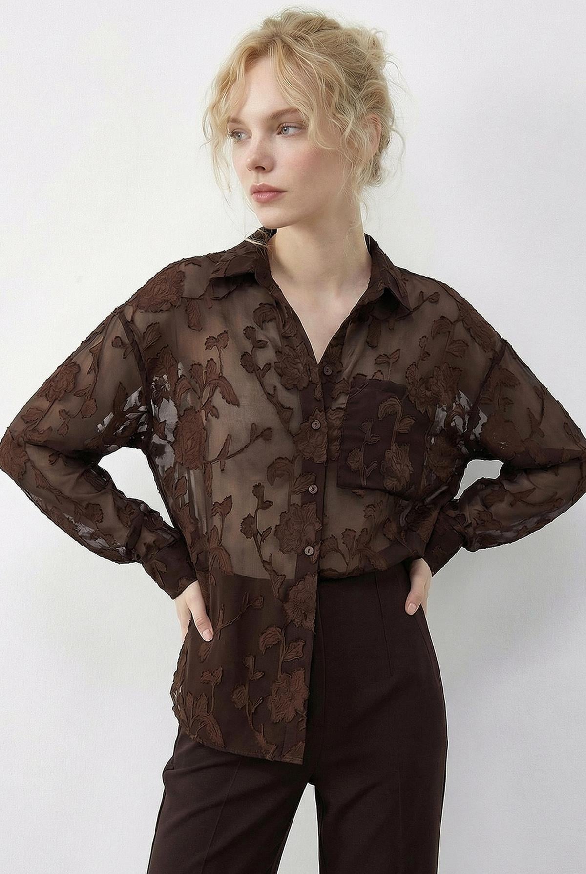 Women's Embossed Rose Pattern Transparent Chiffon Shirt 354 60286028 - Dark Brown
