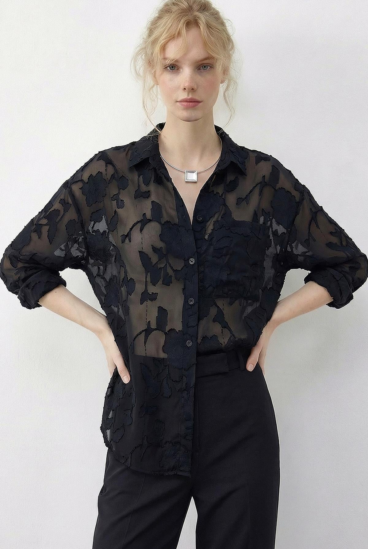 Women's Embossed Rose Pattern Transparent Chiffon Shirt 354 60286028 - Black