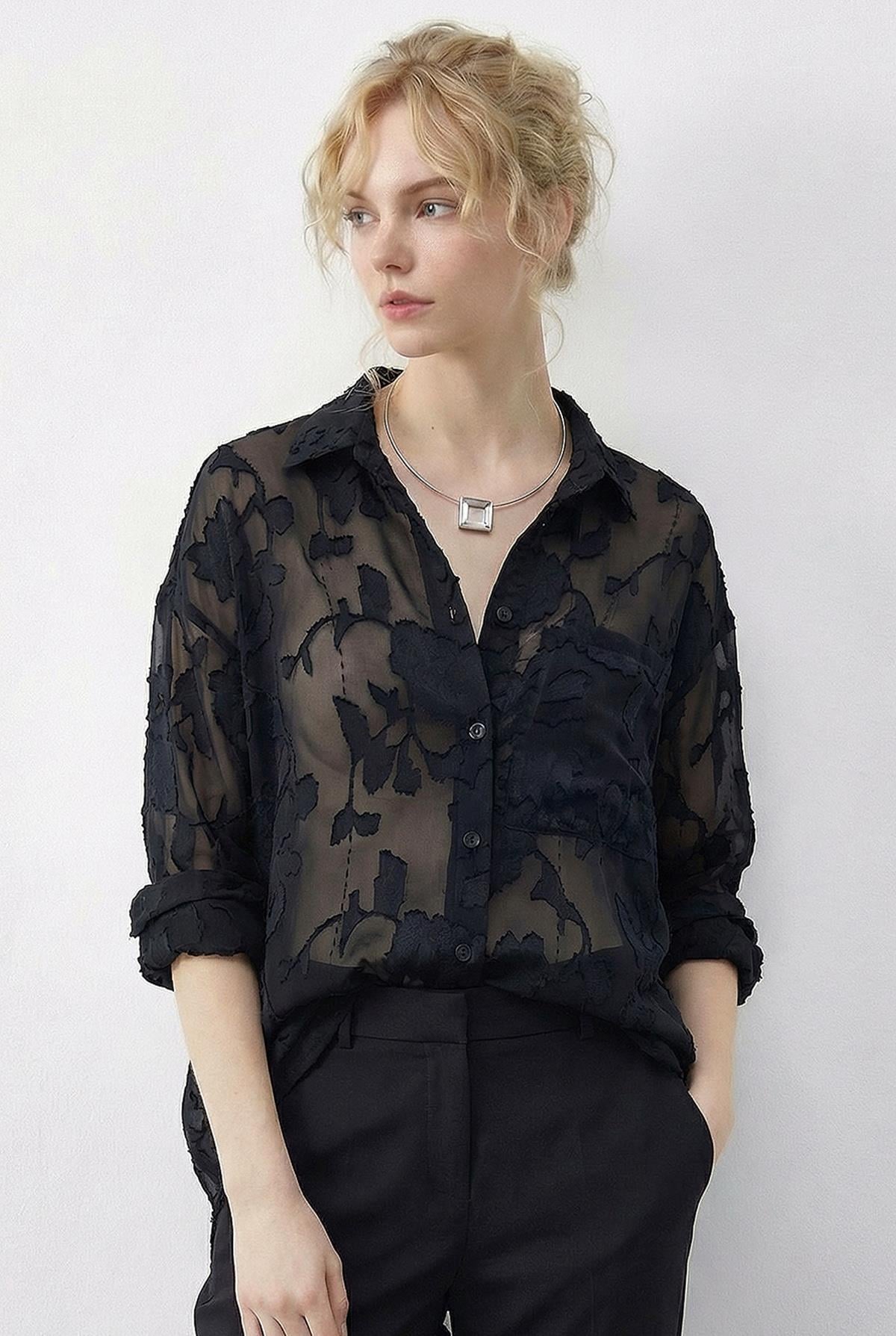 Women's Embossed Rose Pattern Transparent Chiffon Shirt 354 60286028 - Black
