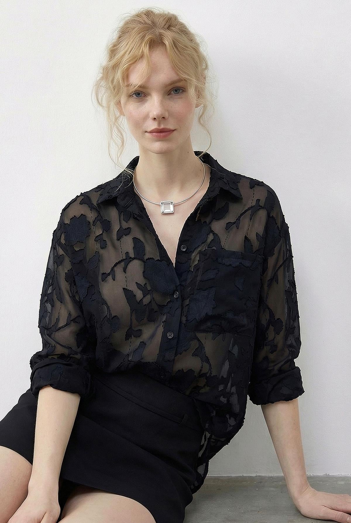 Women's Embossed Rose Pattern Transparent Chiffon Shirt 354 60286028 - Black