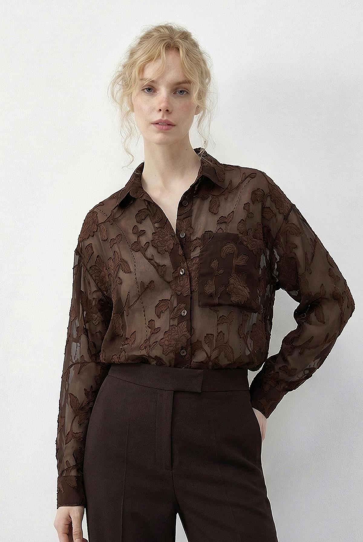 Women's Embossed Rose Pattern Transparent Chiffon Shirt 354 60286028 - Dark Brown