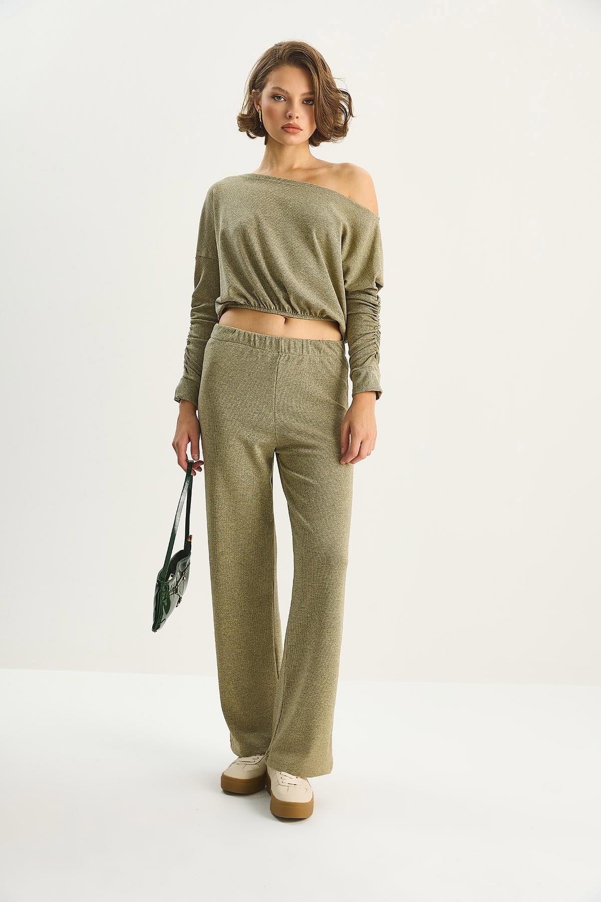 Women's Boat Neck Blouse with Elastic Waist, Wide Pants, Glittery Two-Piece Set 60283617 - Sage Green