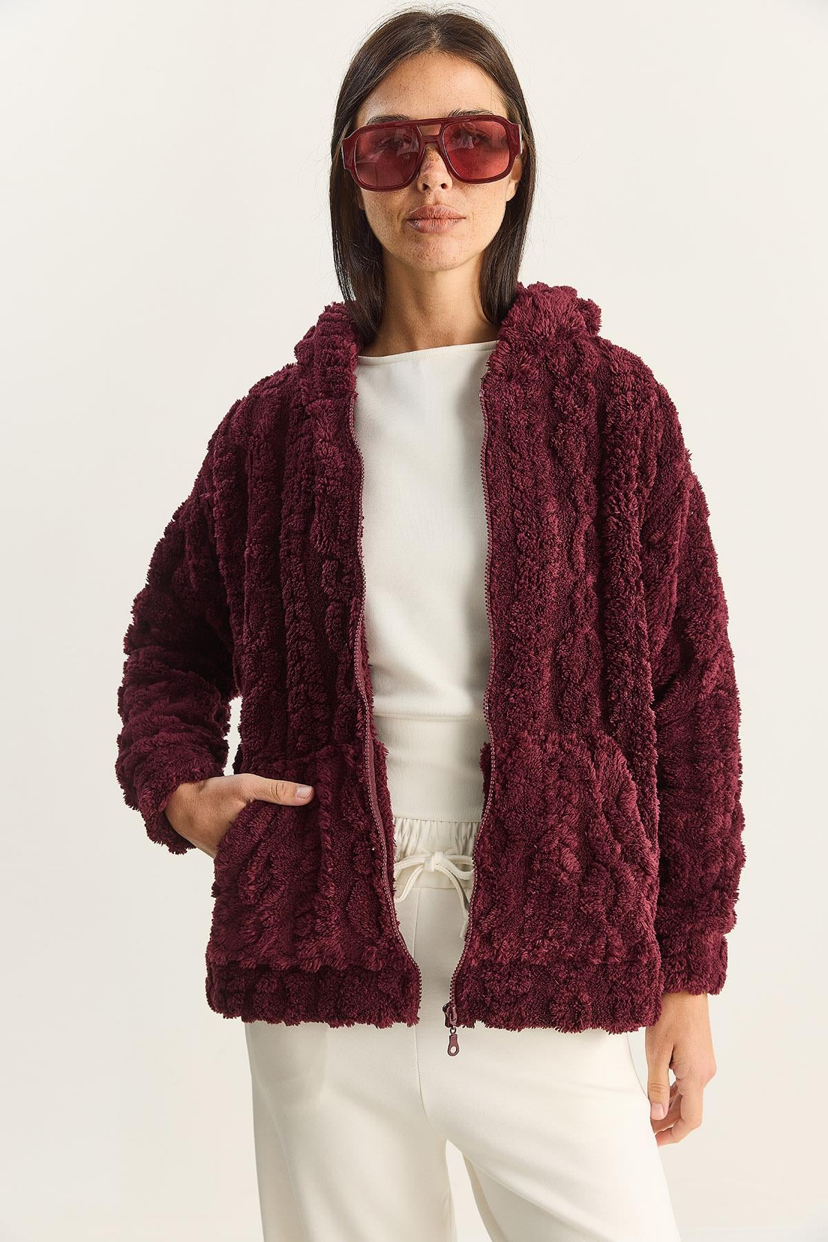 Women's Self-Patterned Plush Cardigan with Pocket Detail and Zipper Closure 4116 60283844 - Plum