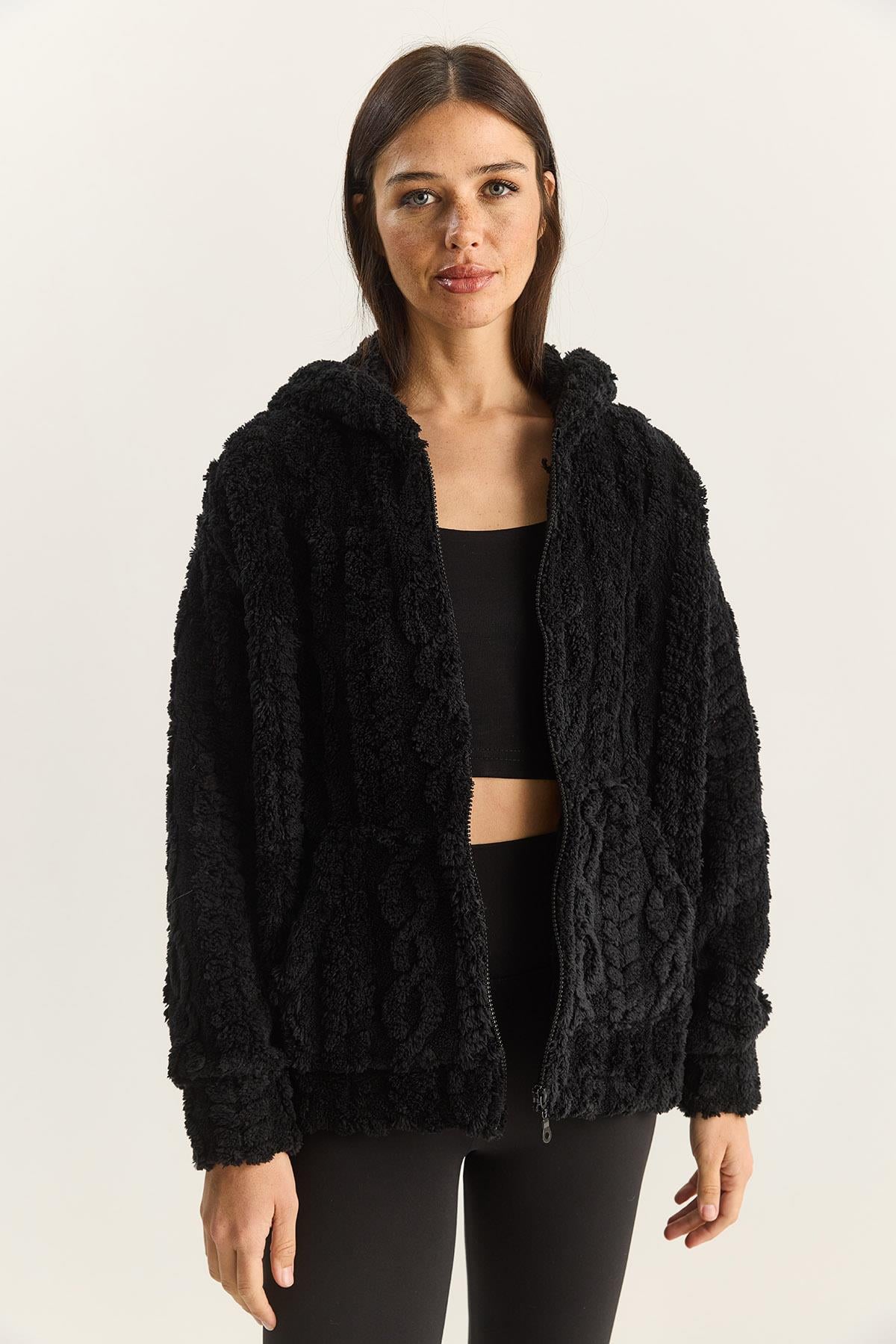 Women's Self-Patterned Plush Hooded Cardigan with Pocket Detail and Zipper 4116 60283844 - Black