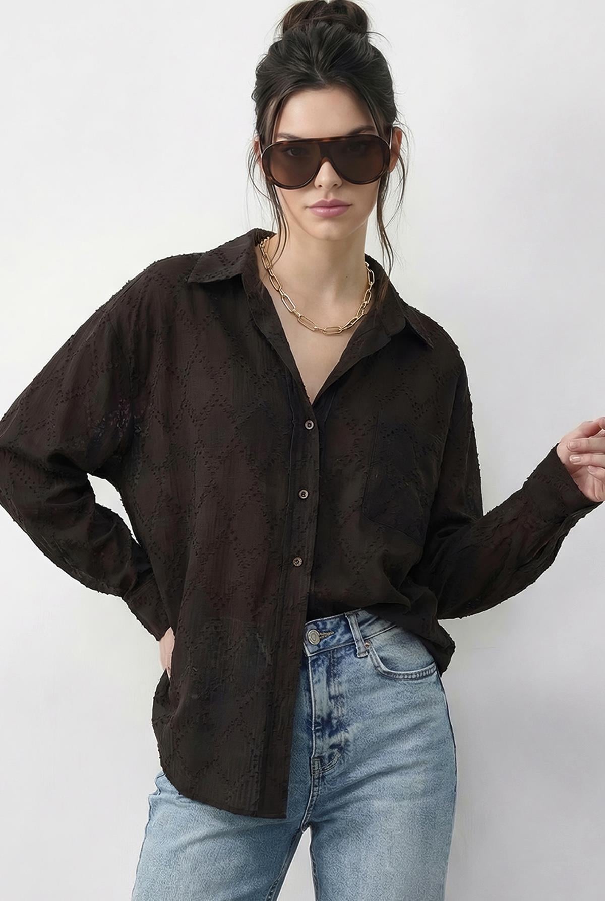 Women's Textured Patterned Cotton Shirt 8114 60286033 - Dark Brown